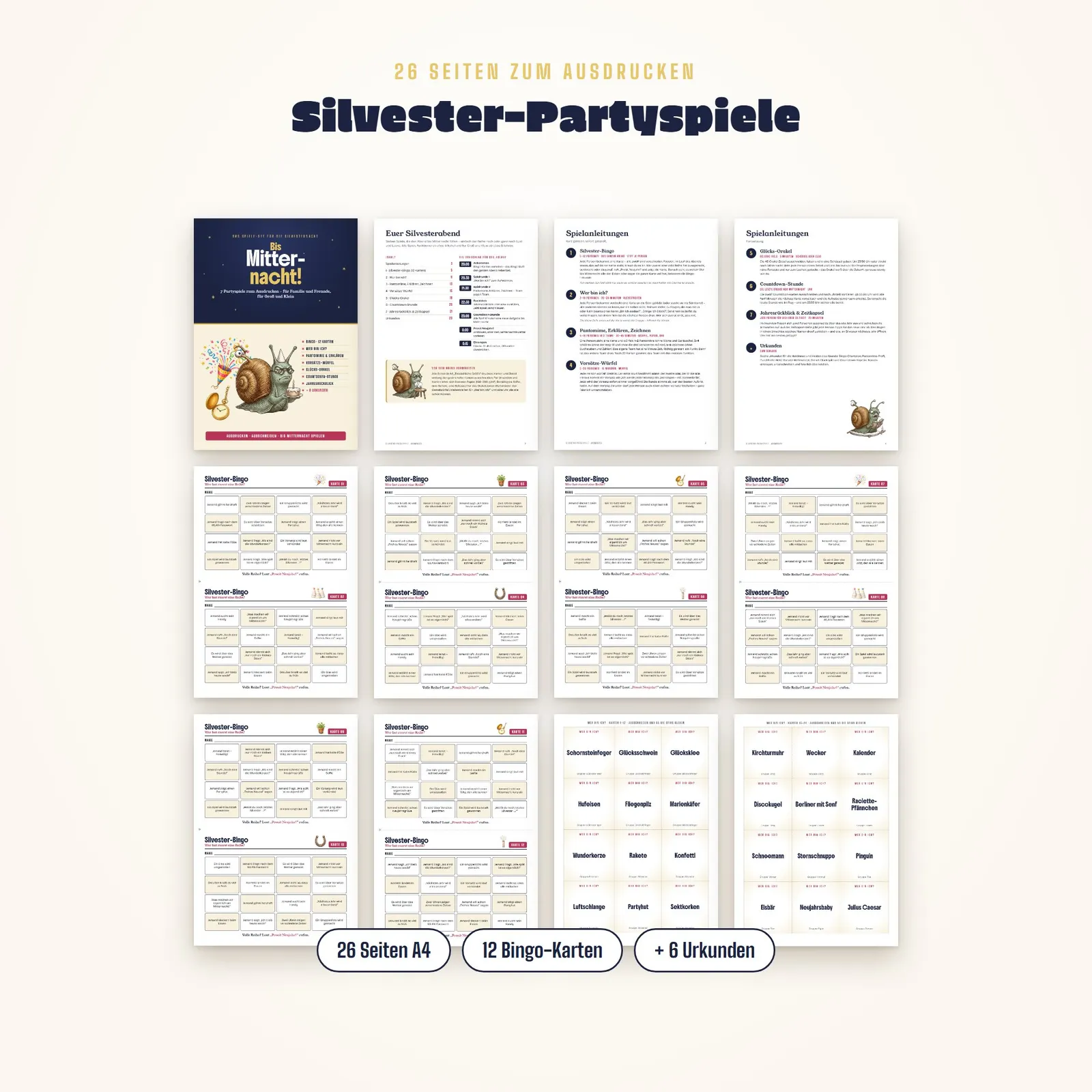 Silvester-Spiele zum Ausdrucken – Bis Mitternacht! Partyspiele-Set – Einblick 1