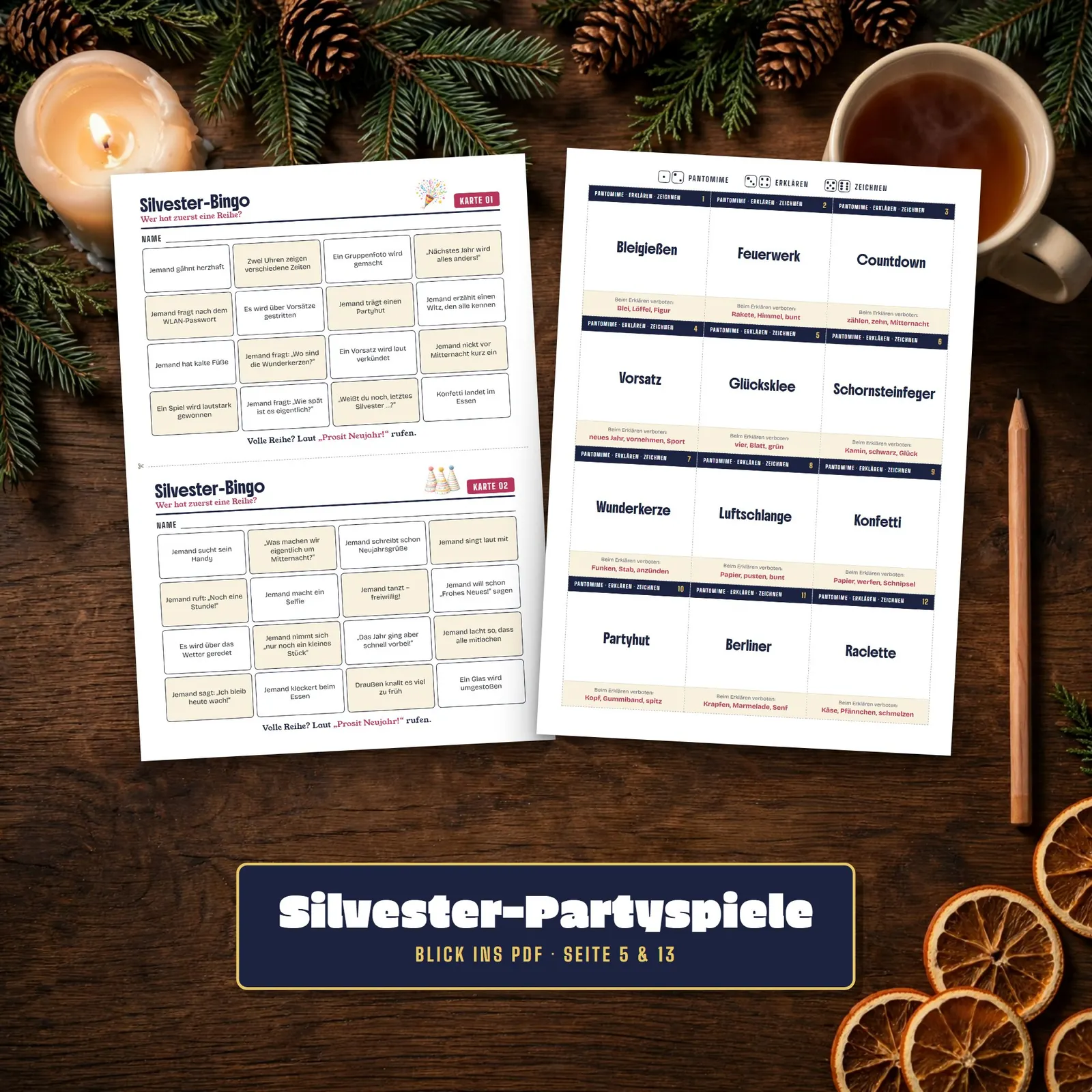 Silvester-Spiele zum Ausdrucken – Bis Mitternacht! Partyspiele-Set – Einblick 2
