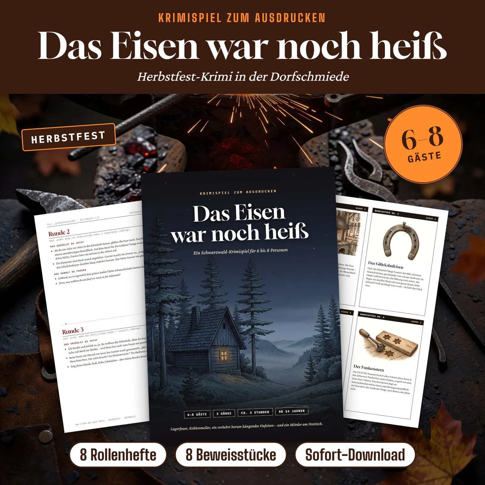 Krimi-Party-Spiel zum Ausdrucken – Das Eisen war noch heiß – Titelbild