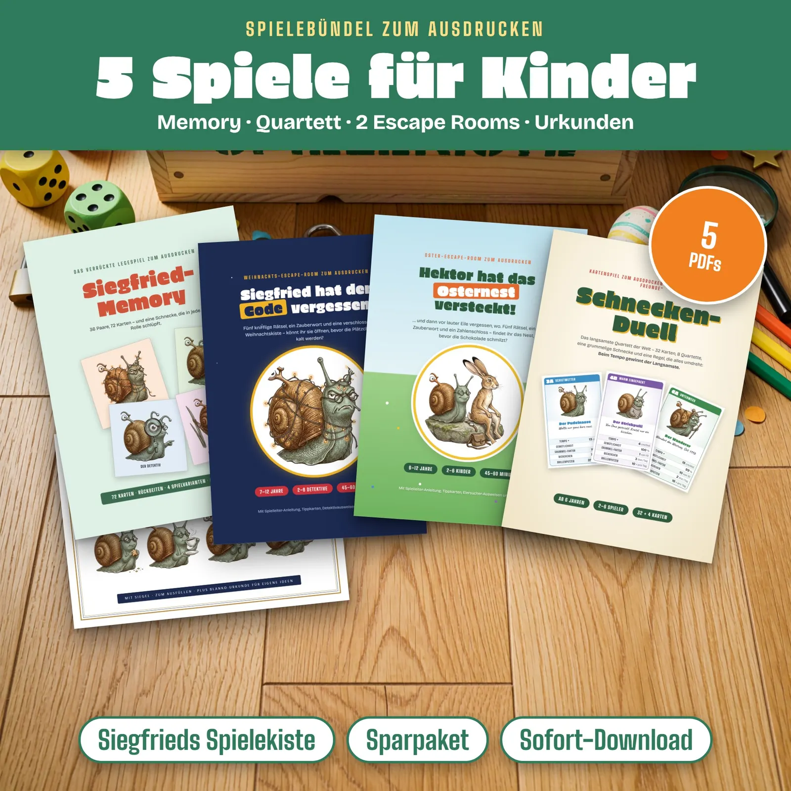 Spielebündel zum Ausdrucken – Siegfrieds Spielekiste mit 5 Spielen – Titelbild