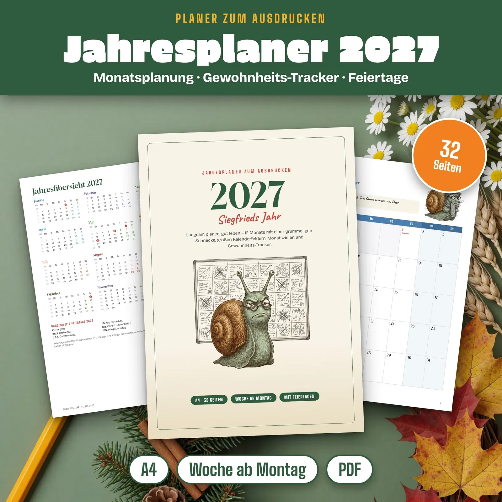 Jahresplaner 2027 zum Ausdrucken – Siegfrieds Jahr Jahresplaner 2027 zum Ausdrucken – Siegfrieds Jahr – Titelbild