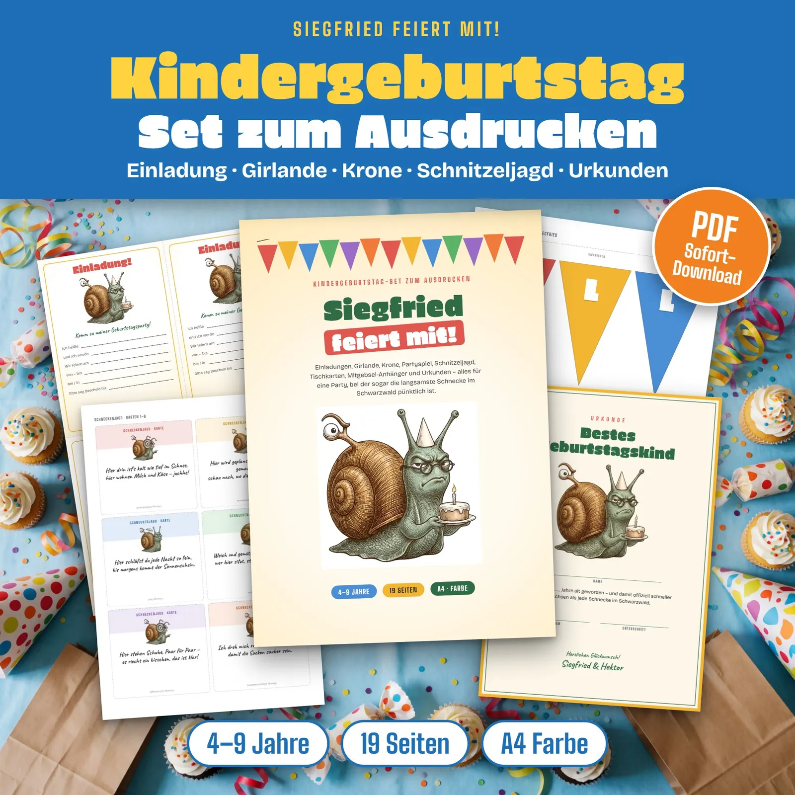 Kindergeburtstag-Set zum Ausdrucken – Siegfried feiert mit – Titelbild
