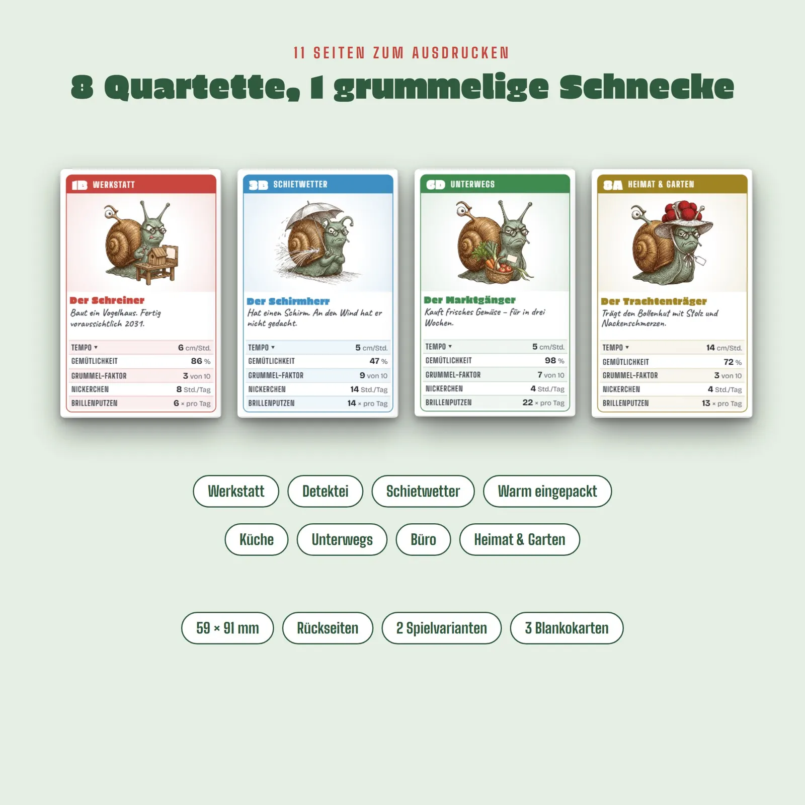 Quartett zum Ausdrucken – Schnecken-Duell mit 32 Karten – Einblick 1