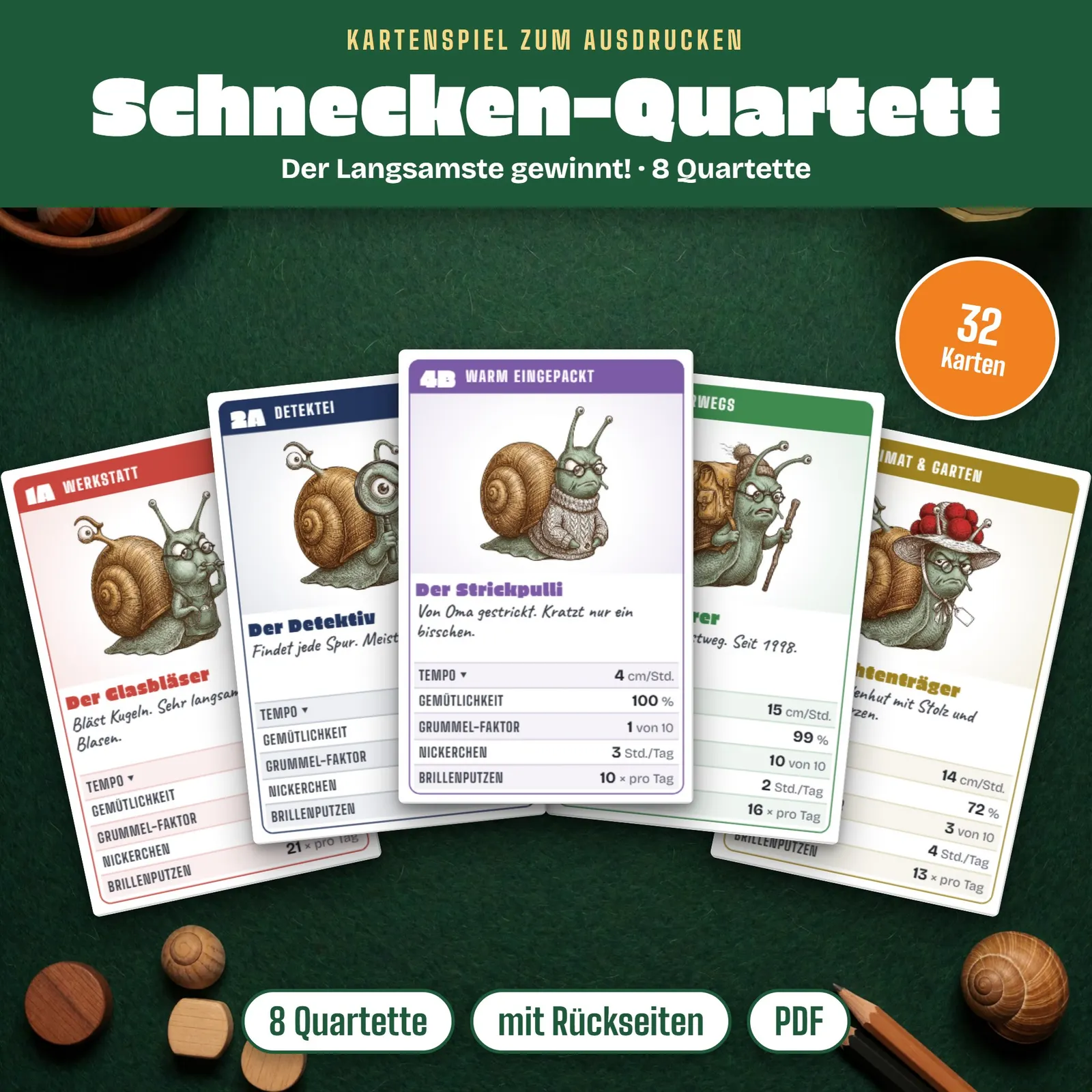 Quartett zum Ausdrucken – Schnecken-Duell mit 32 Karten – Titelbild