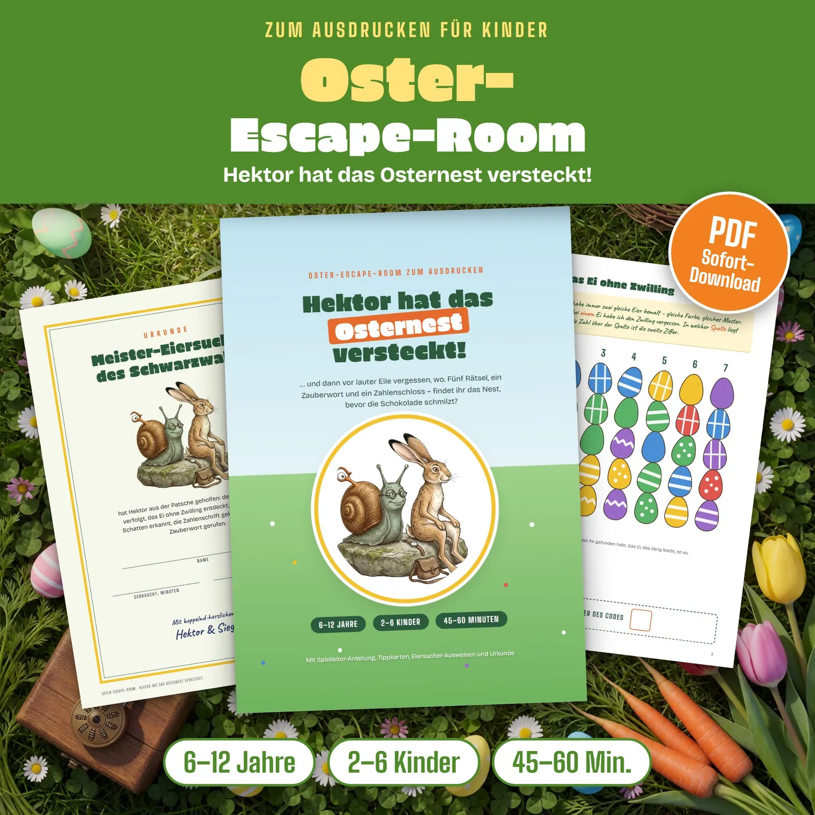 Oster-Escape-Room für Kinder zum Ausdrucken – Hektors Osternest Oster-Escape-Room für Kinder zum Ausdrucken – Hektors Osternest – Titelbild