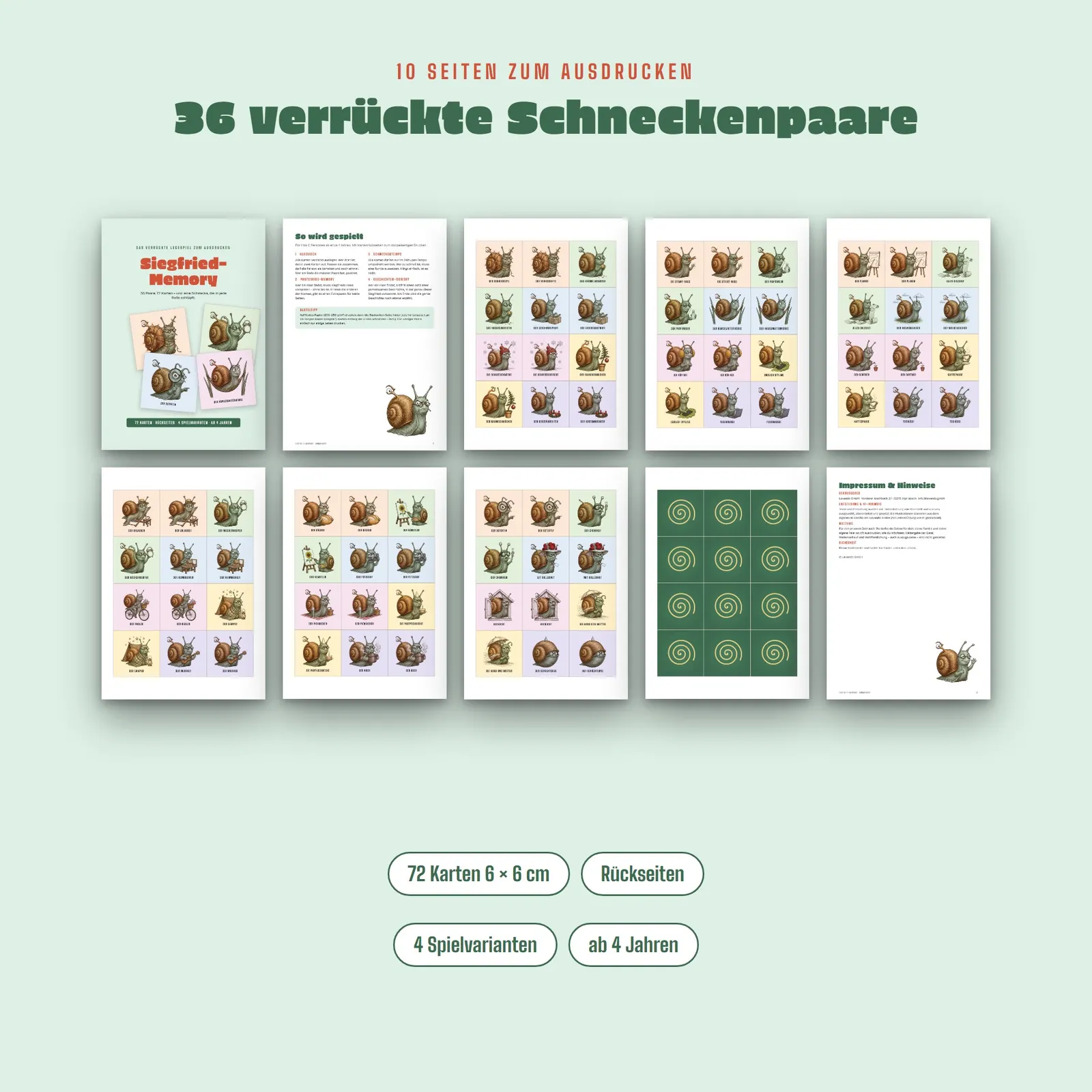 Memory zum Ausdrucken – Siegfried-Memory mit 36 Schnecken-Paaren – Einblick 1