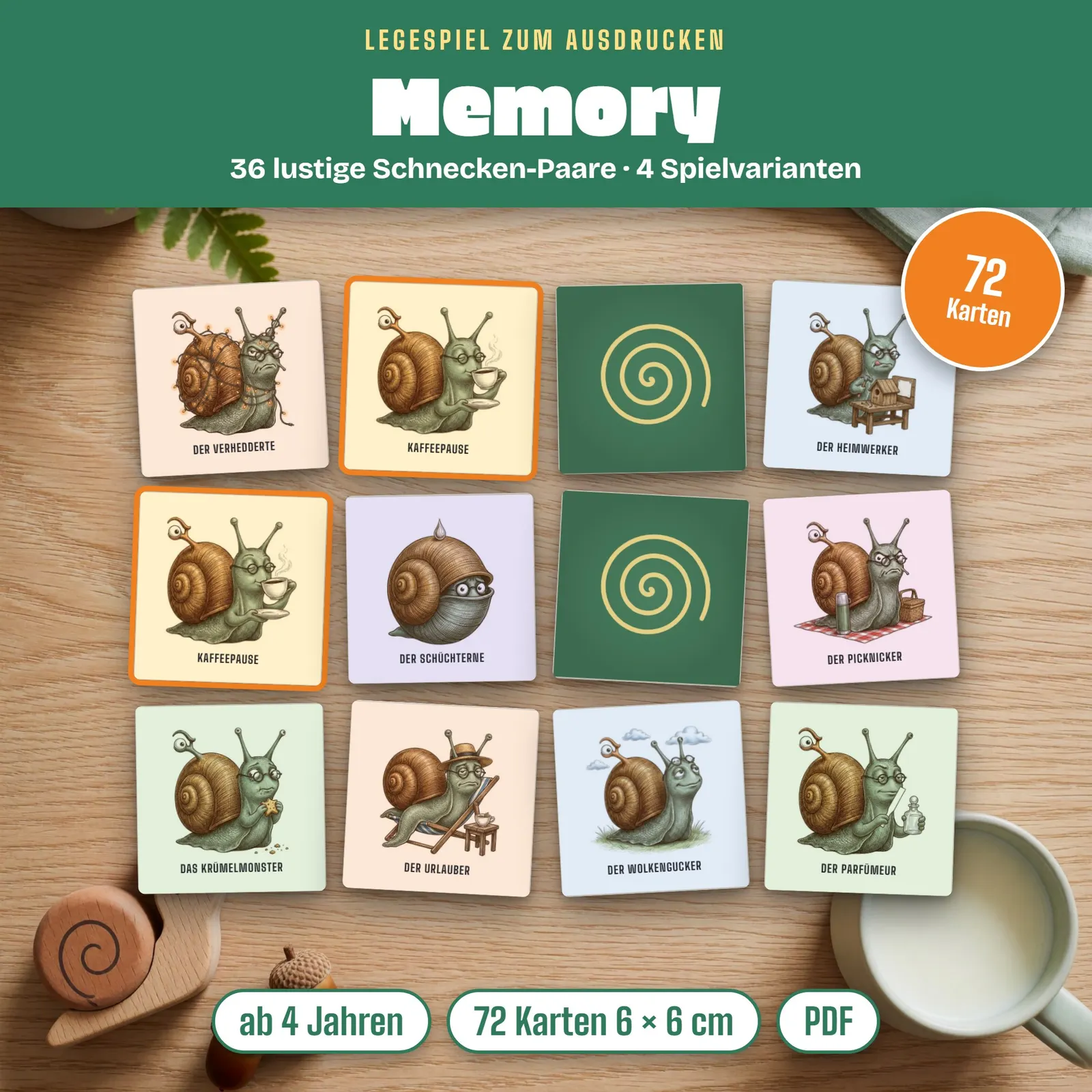 Memory zum Ausdrucken – Siegfried-Memory mit 36 Schnecken-Paaren – Titelbild