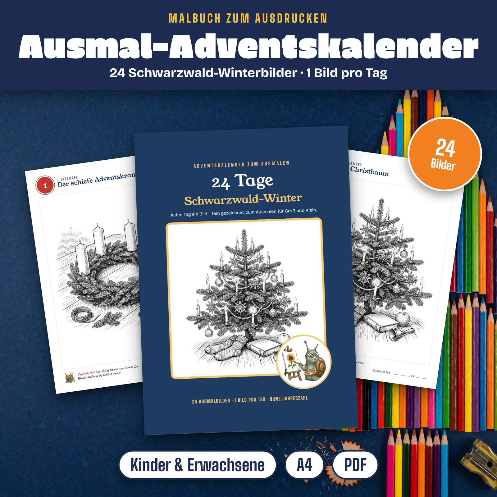 Ausmal-Adventskalender zum Ausdrucken – 24 Tage Schwarzwald-Winter – Titelbild