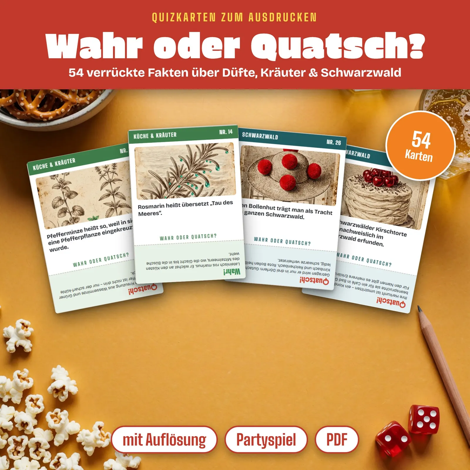 Quizkarten zum Ausdrucken – Wahr oder Quatsch? Düfte und Schwarzwald – Titelbild