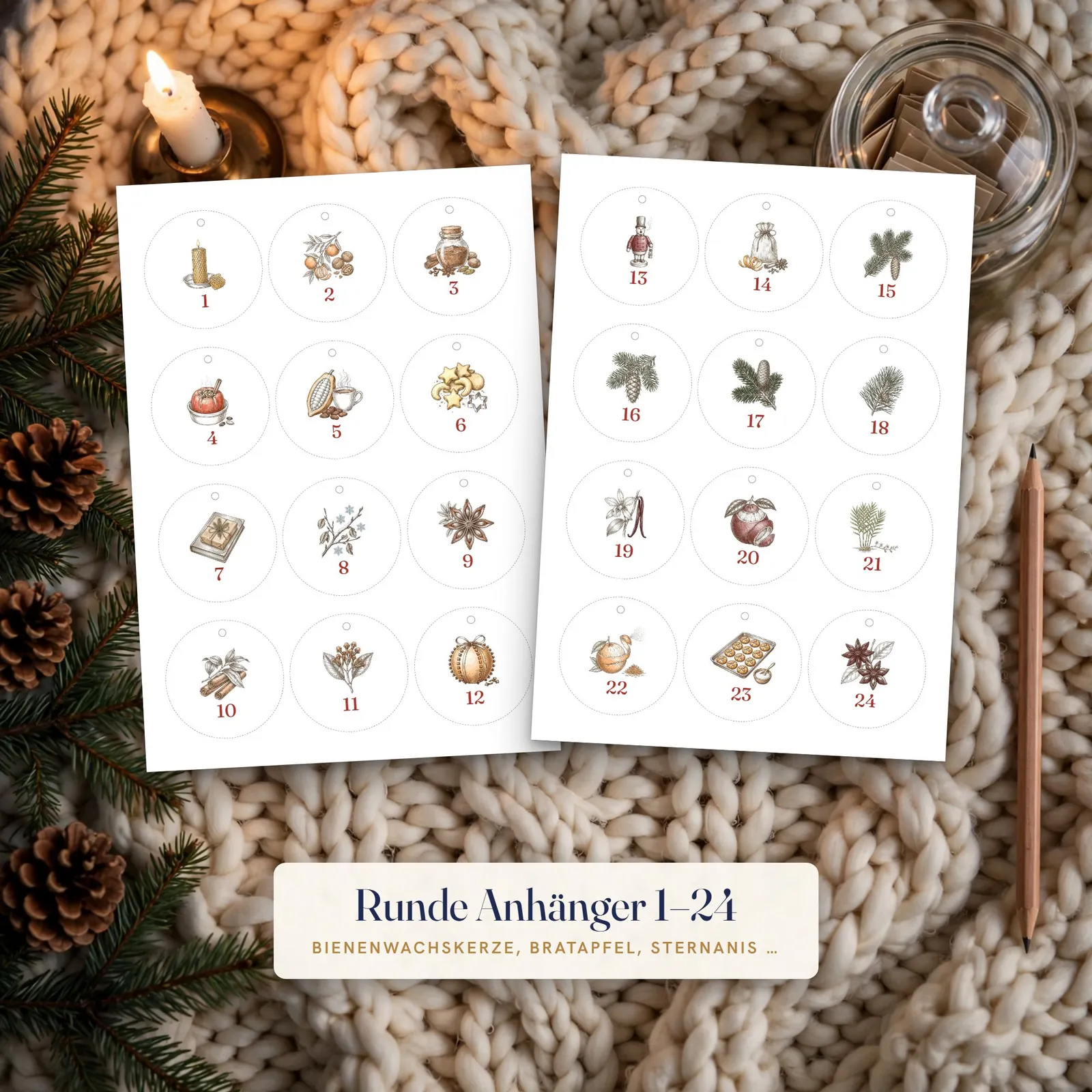 Adventskalender-Zahlen 1–24 zum Ausdrucken – botanische Wintermotive – Einblick 2