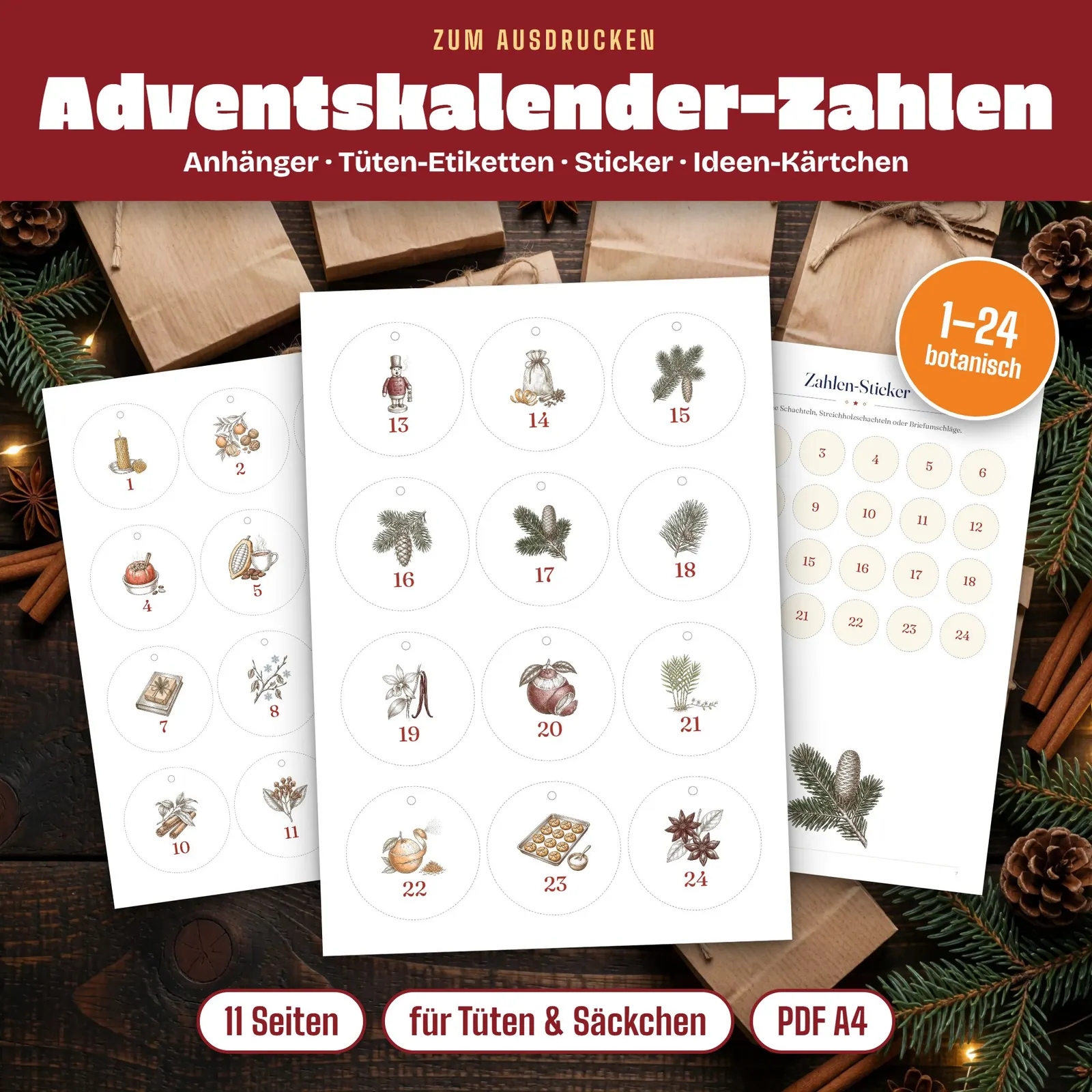 Adventskalender-Zahlen 1–24 zum Ausdrucken – botanische Wintermotive – Titelbild