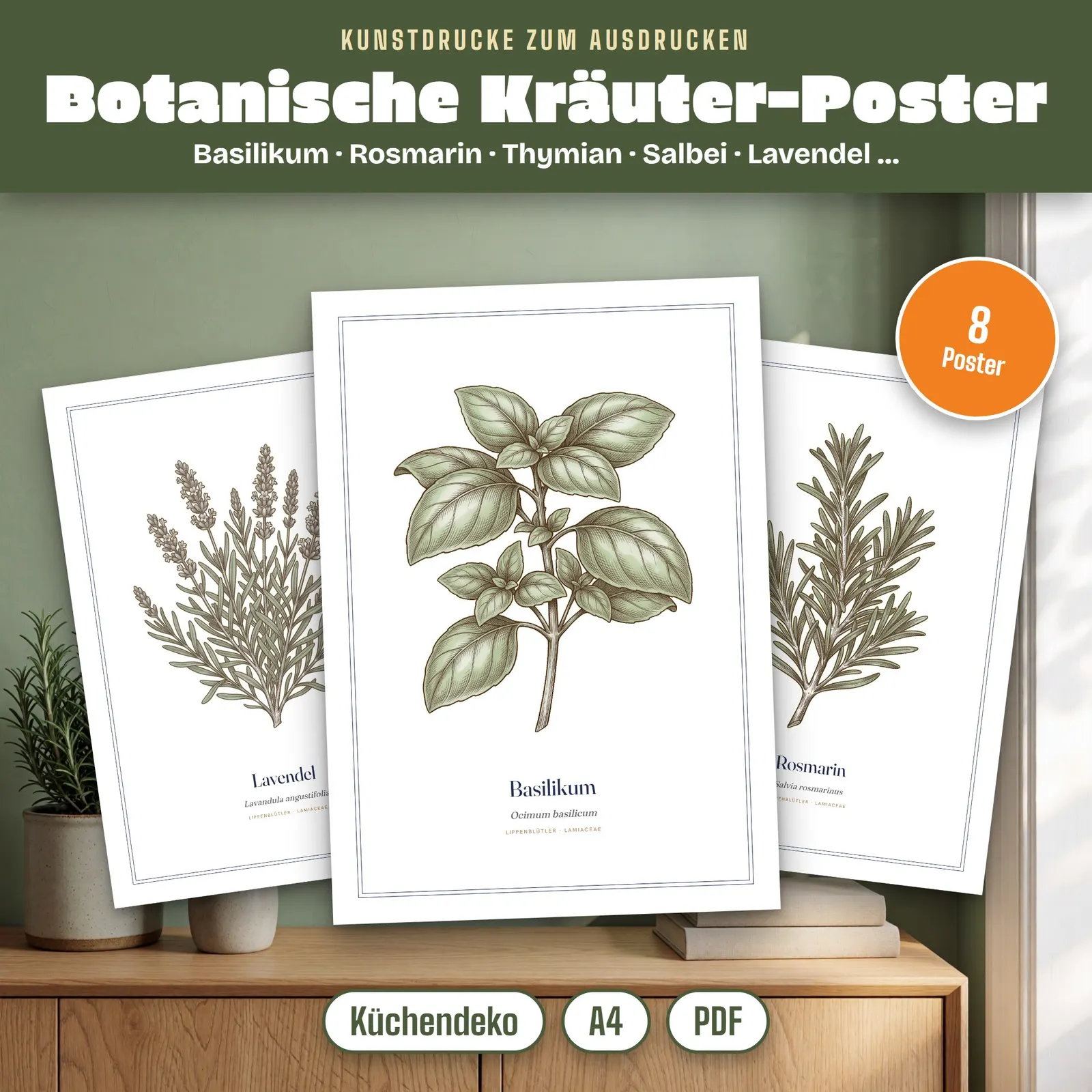 Botanische Poster Küchenkräuter – 8 Kunstdrucke A4 zum Ausdrucken – Titelbild
