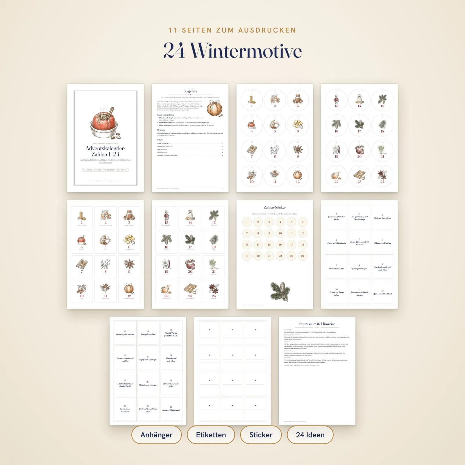 Adventskalender-Zahlen 1–24 zum Ausdrucken – botanische Wintermotive – Einblick 1