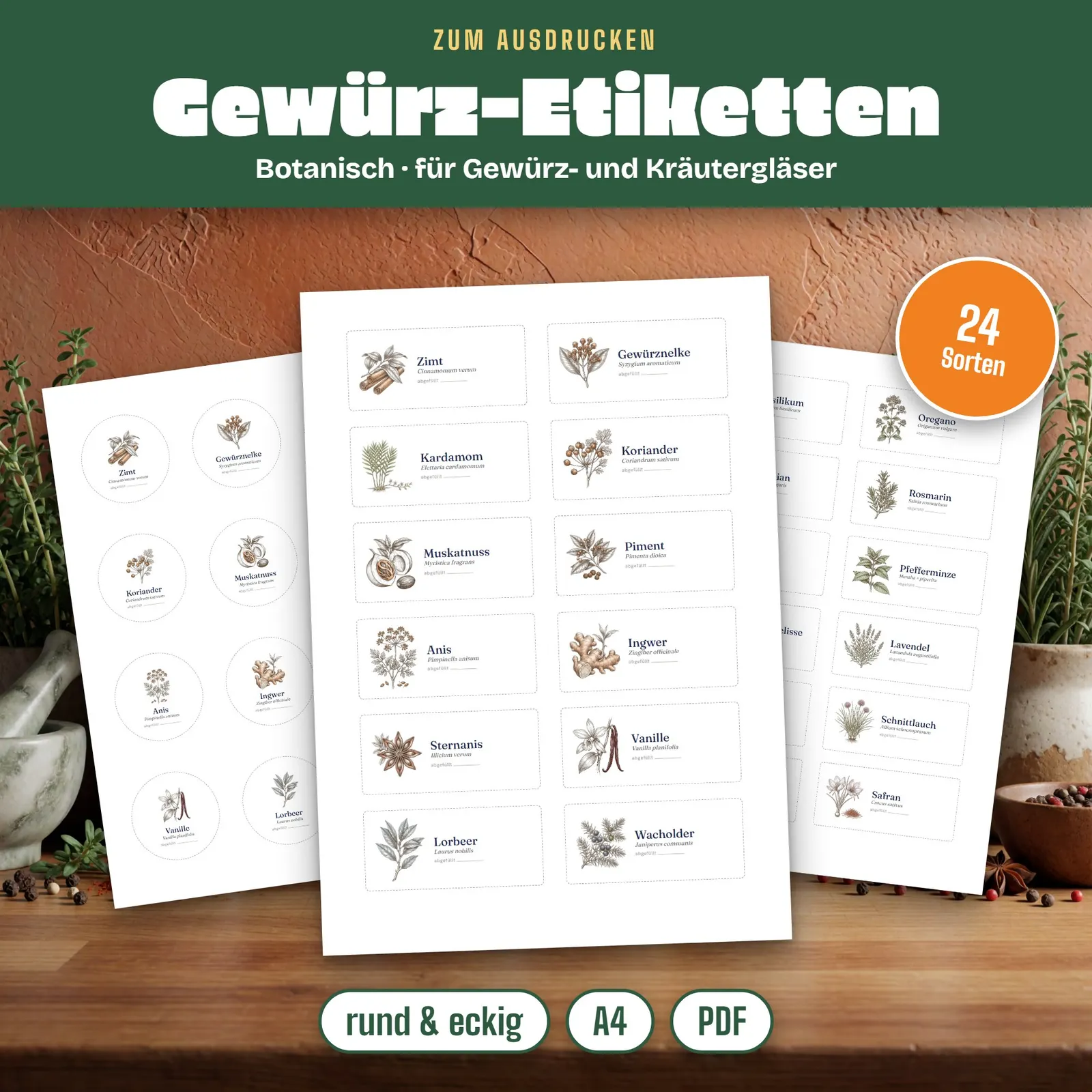 Gewürzetiketten zum Ausdrucken – botanisch, 24 Sorten rund und eckig – Titelbild