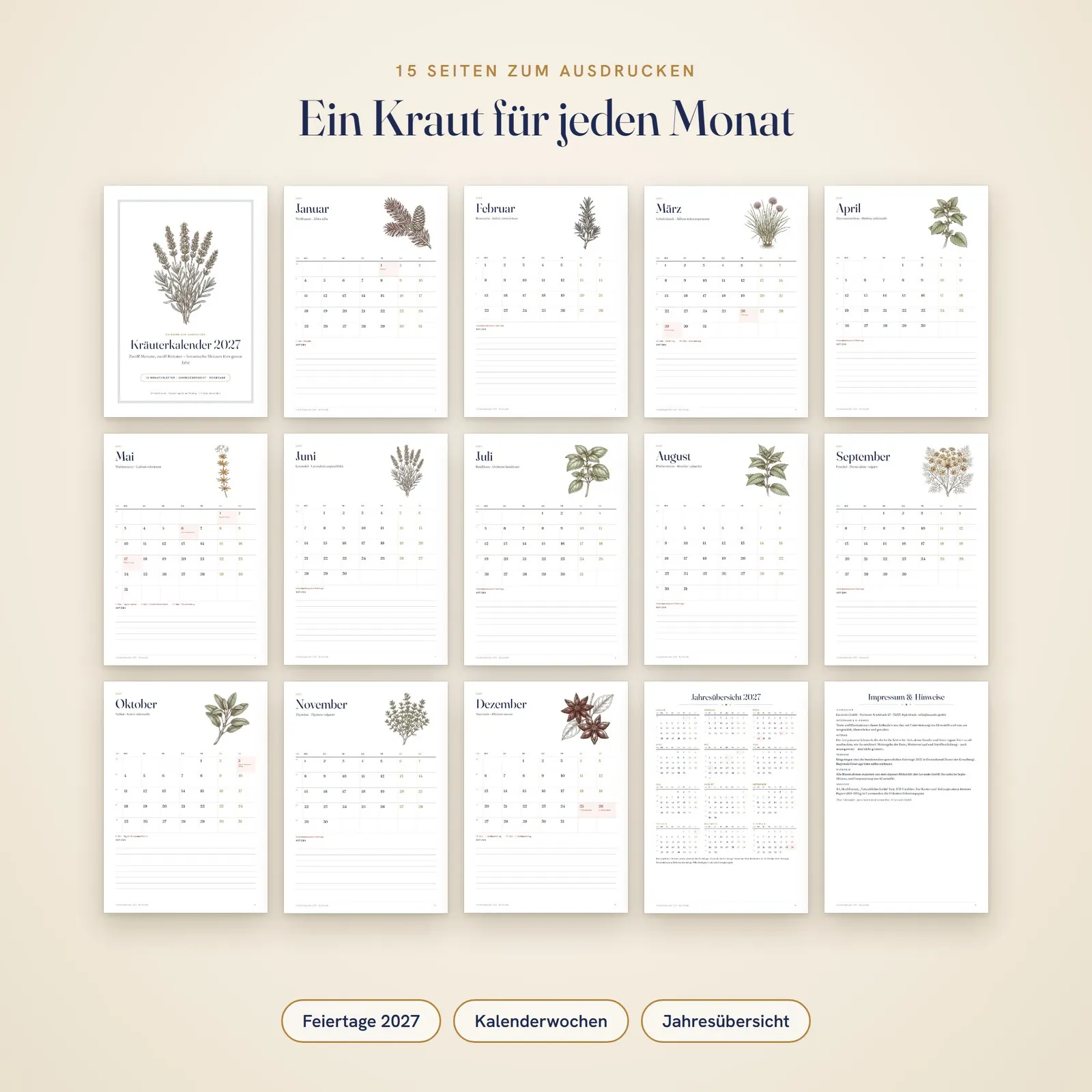 Kalender 2027 zum Ausdrucken – botanischer Kräuterkalender A4 – Einblick 1