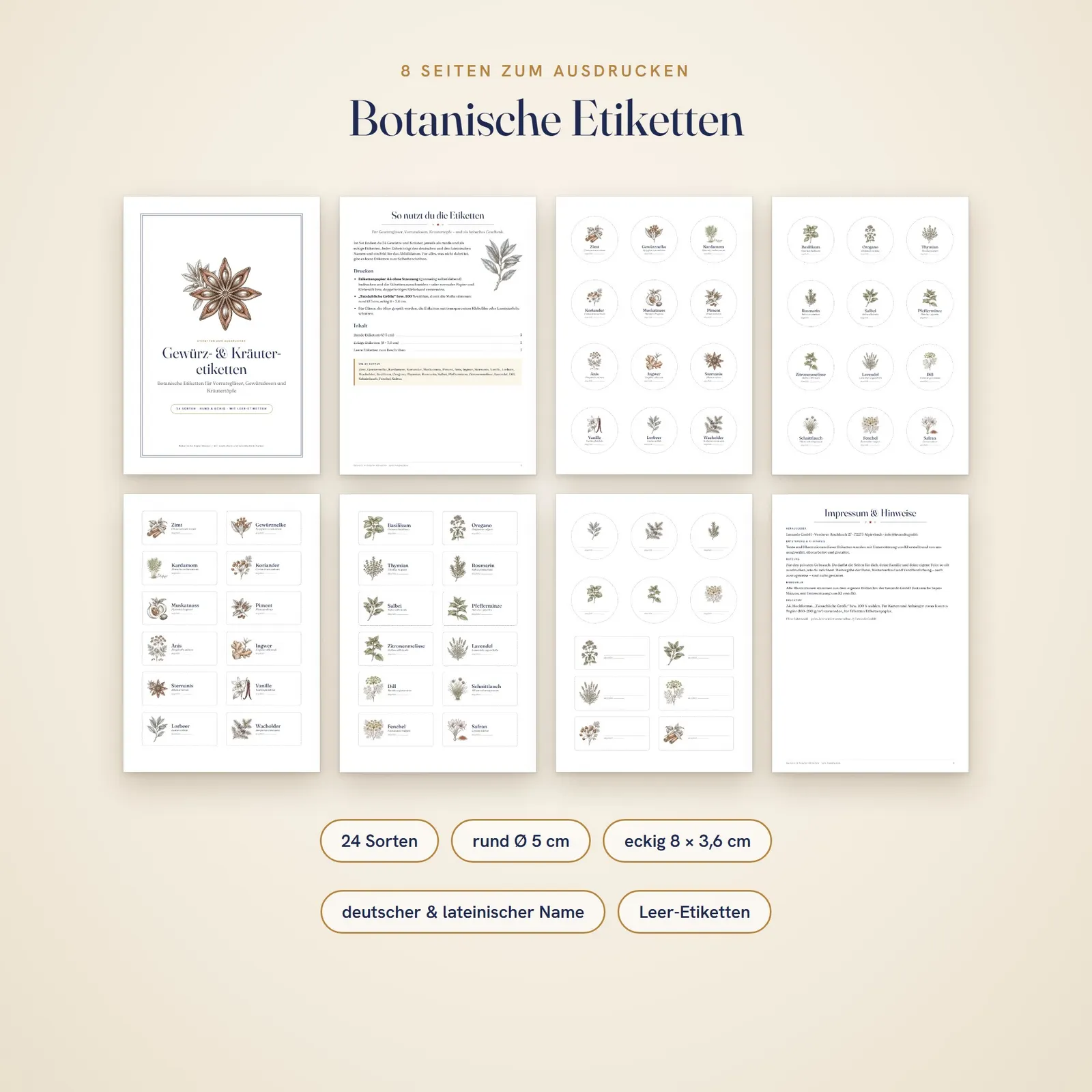 Gewürzetiketten zum Ausdrucken – botanisch, 24 Sorten rund und eckig Gewürzetiketten zum Ausdrucken – botanisch, 24 Sorten rund und eckig – Einblick 1