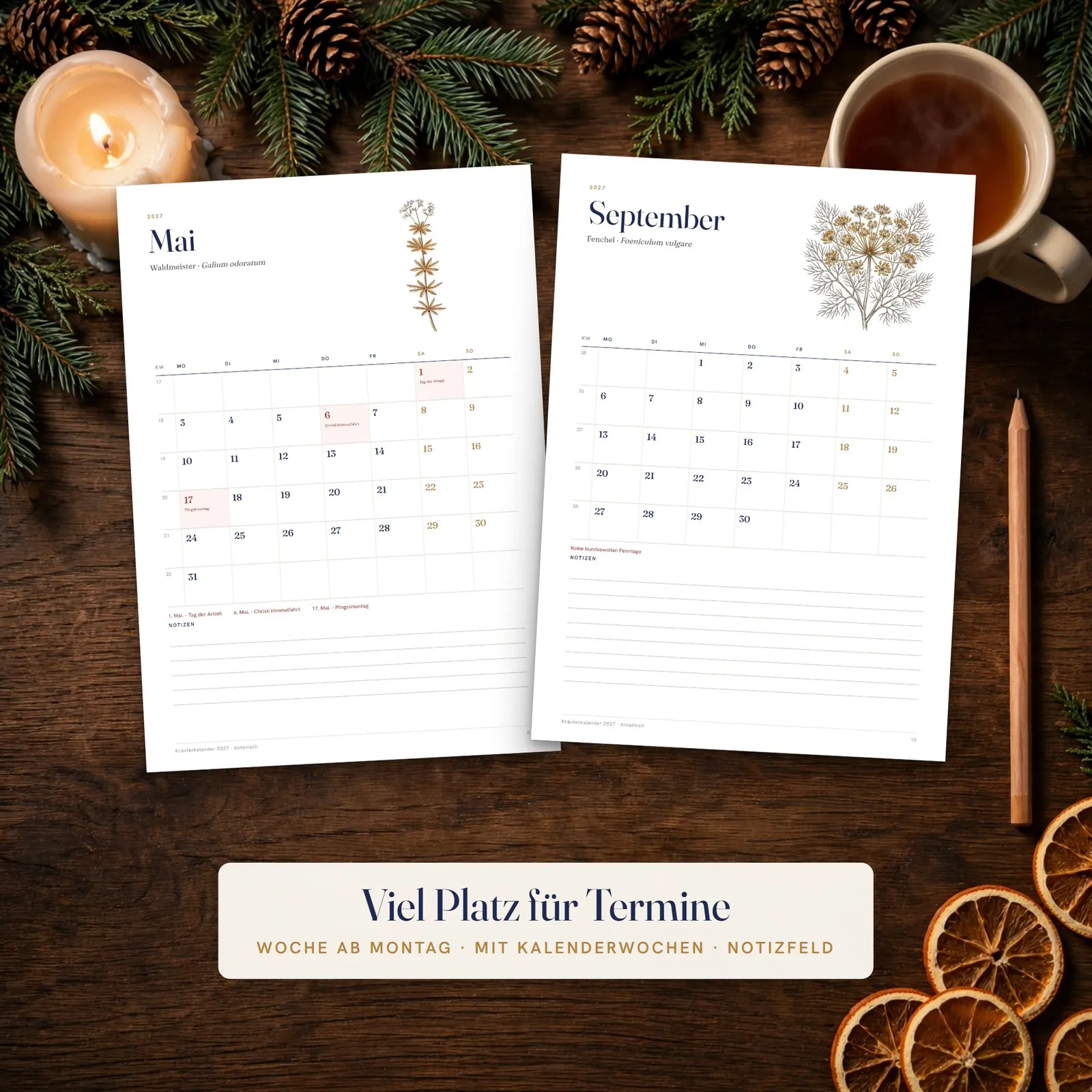 Kalender 2027 zum Ausdrucken – botanischer Kräuterkalender A4 – Einblick 2