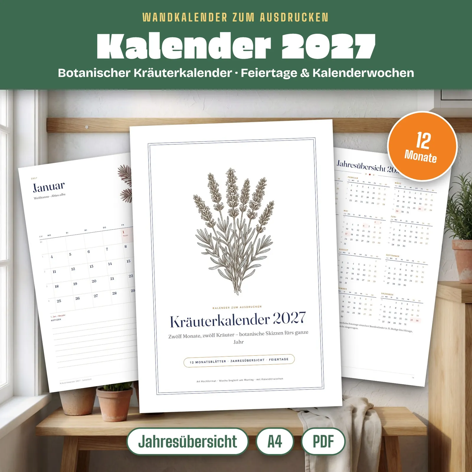 Kalender 2027 zum Ausdrucken – botanischer Kräuterkalender A4 Kalender 2027 zum Ausdrucken – botanischer Kräuterkalender A4 – Titelbild