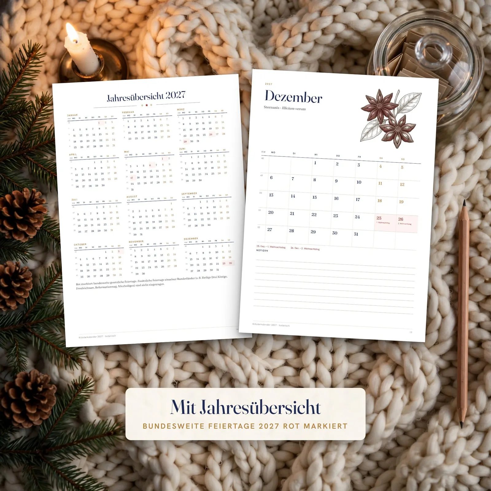 Kalender 2027 zum Ausdrucken – botanischer Kräuterkalender A4 – Einblick 3
