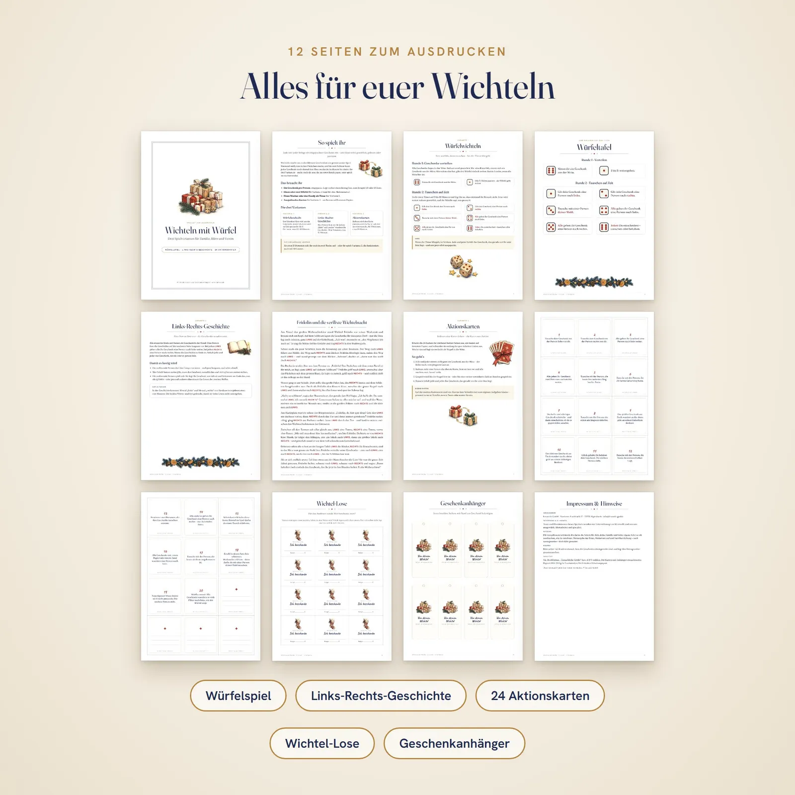 Wichteln mit Würfel – Wichtelspiel zum Ausdrucken in 3 Varianten Wichteln mit Würfel – Wichtelspiel zum Ausdrucken in 3 Varianten – Einblick 1