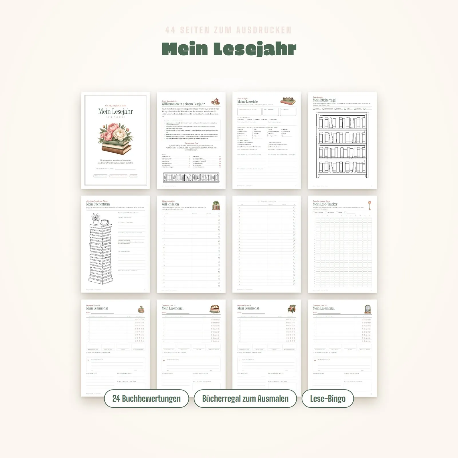 Lesetagebuch zum Ausdrucken „Mein Lesejahr“ mit Bücherregal – Einblick 1