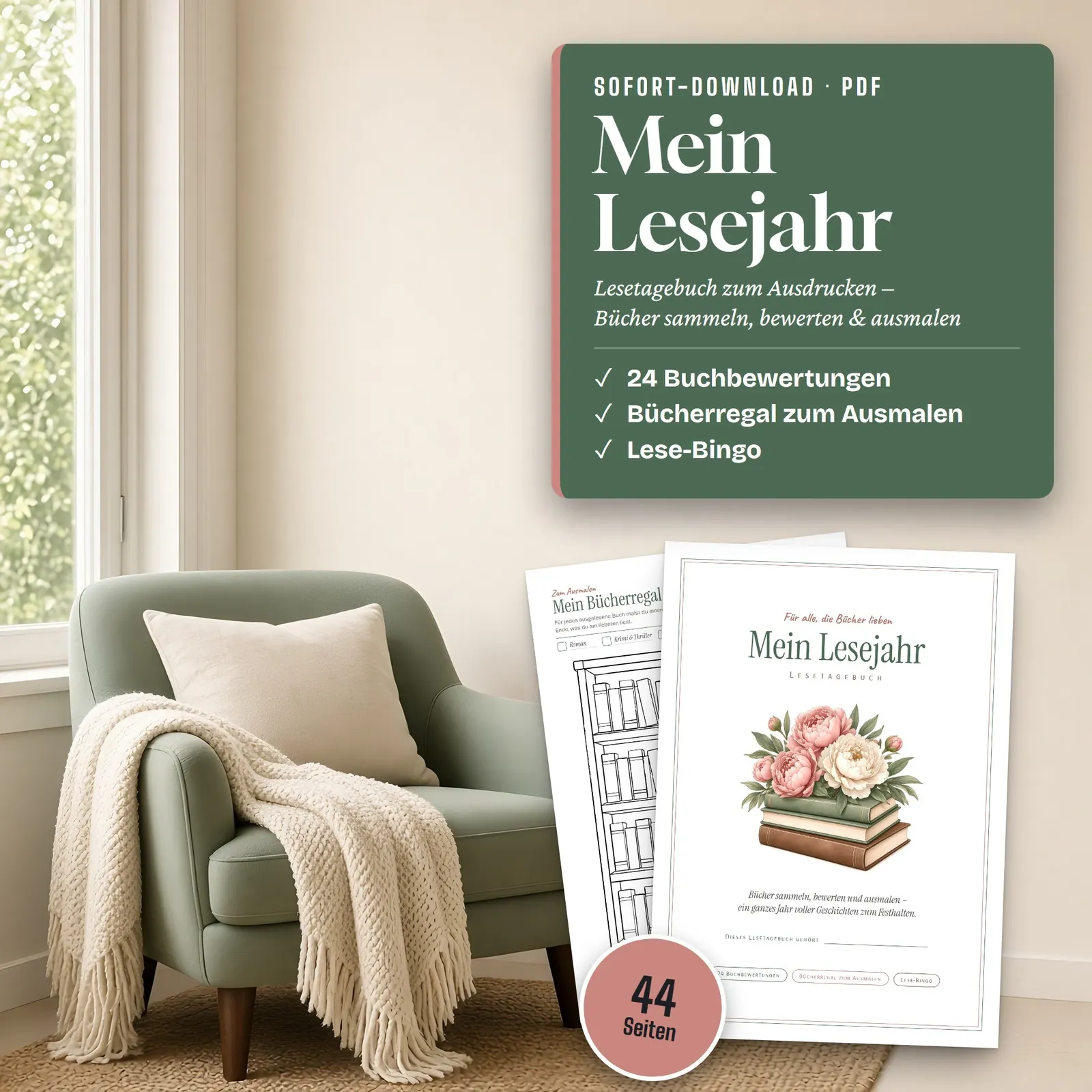 Lesetagebuch zum Ausdrucken „Mein Lesejahr“ mit Bücherregal – Einblick 5
