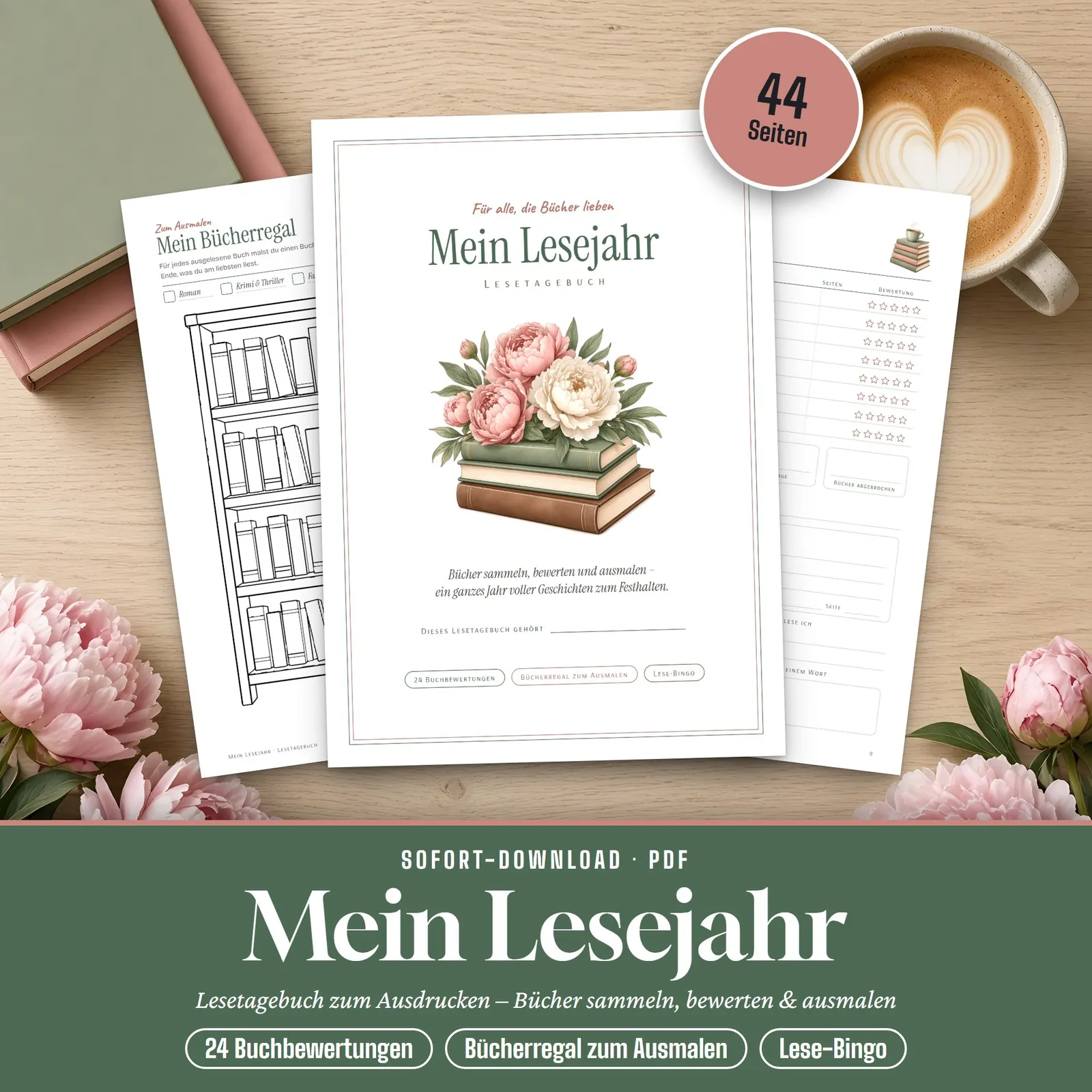 Lesetagebuch zum Ausdrucken „Mein Lesejahr“ mit Bücherregal Lesetagebuch zum Ausdrucken „Mein Lesejahr“ mit Bücherregal – Titelbild