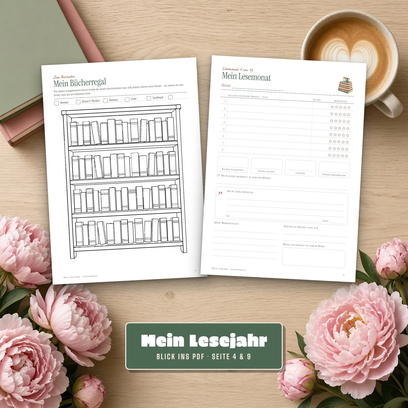 Lesetagebuch zum Ausdrucken „Mein Lesejahr“ mit Bücherregal – Einblick 2