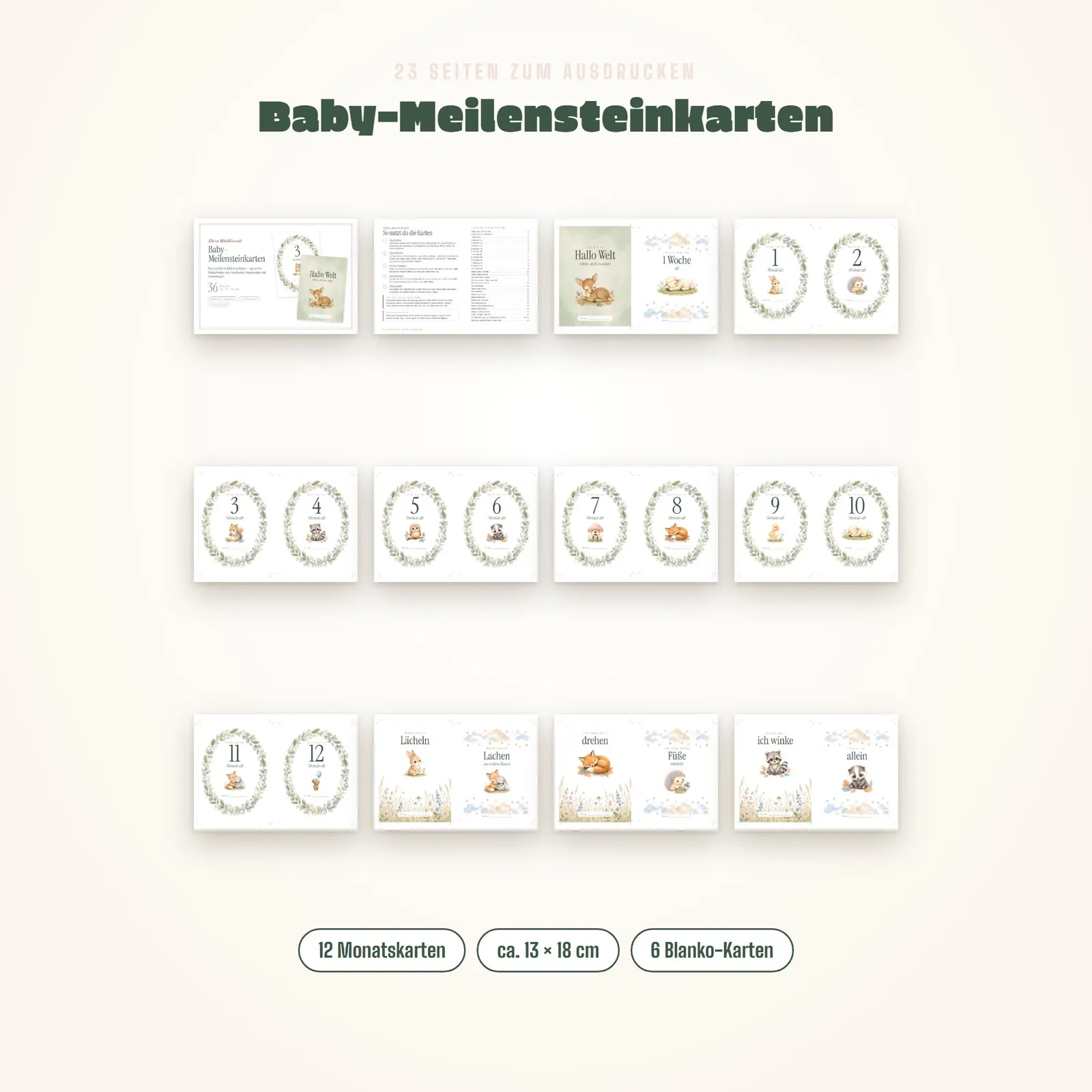 Baby-Meilensteinkarten zum Ausdrucken – Kleine Waldfreunde – Einblick 1