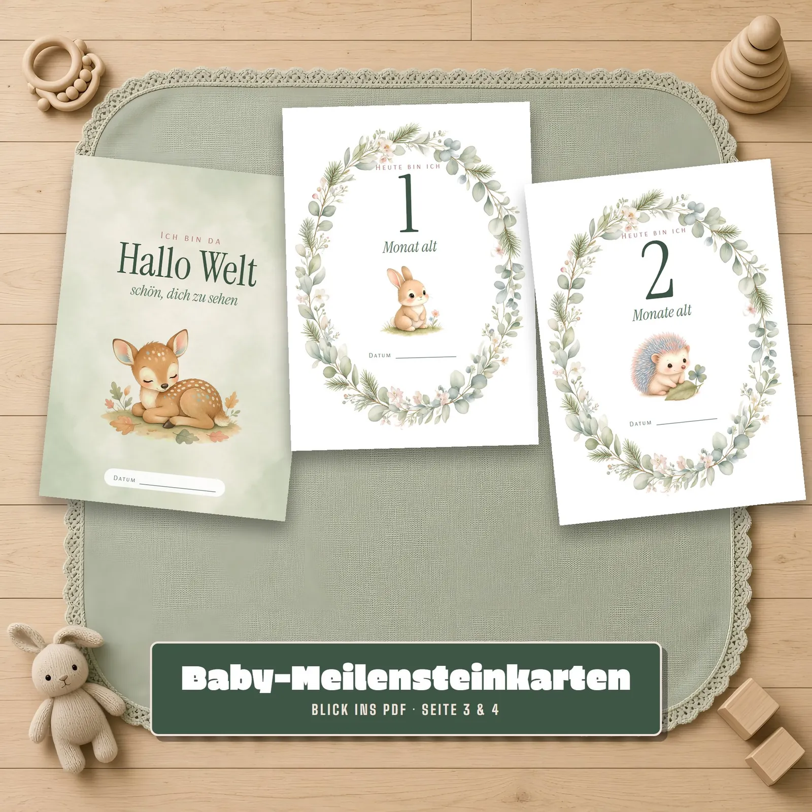 Baby-Meilensteinkarten zum Ausdrucken – Kleine Waldfreunde – Einblick 2