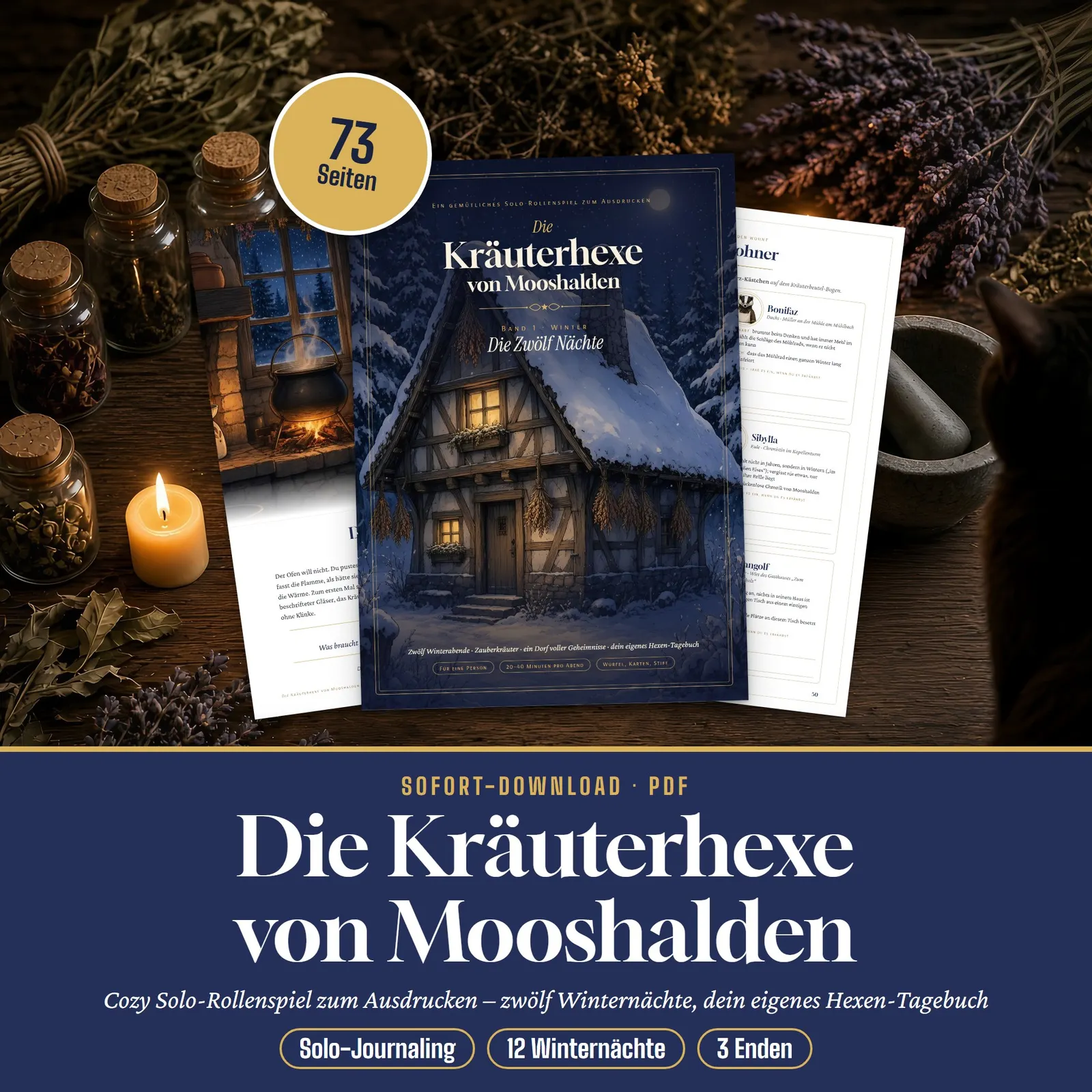 Solo-Rollenspiel zum Ausdrucken – Die Kräuterhexe von Mooshalden Solo-Rollenspiel zum Ausdrucken – Die Kräuterhexe von Mooshalden – Titelbild