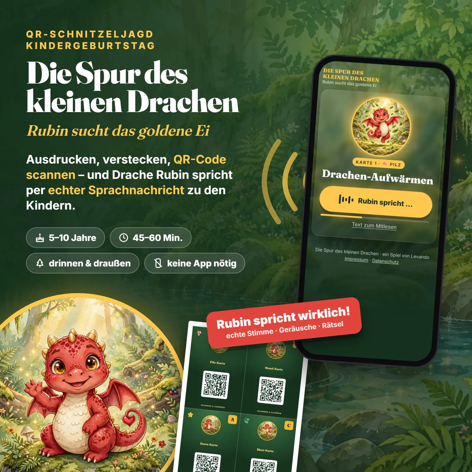 QR-Schnitzeljagd Kindergeburtstag mit Sprachnachrichten – Drache Rubin – Titelbild
