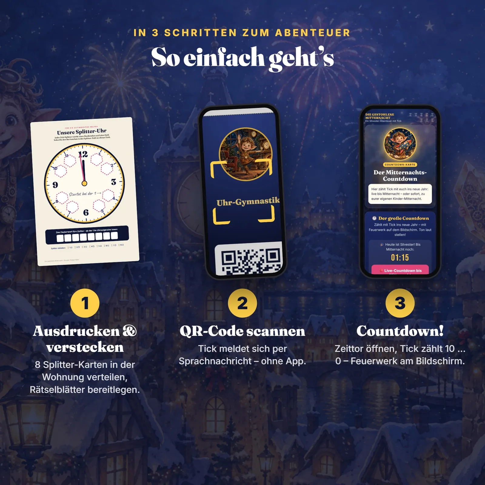 Silvester-Spiel für Kinder mit QR-Codes – Die gestohlene Mitternacht – Einblick 1