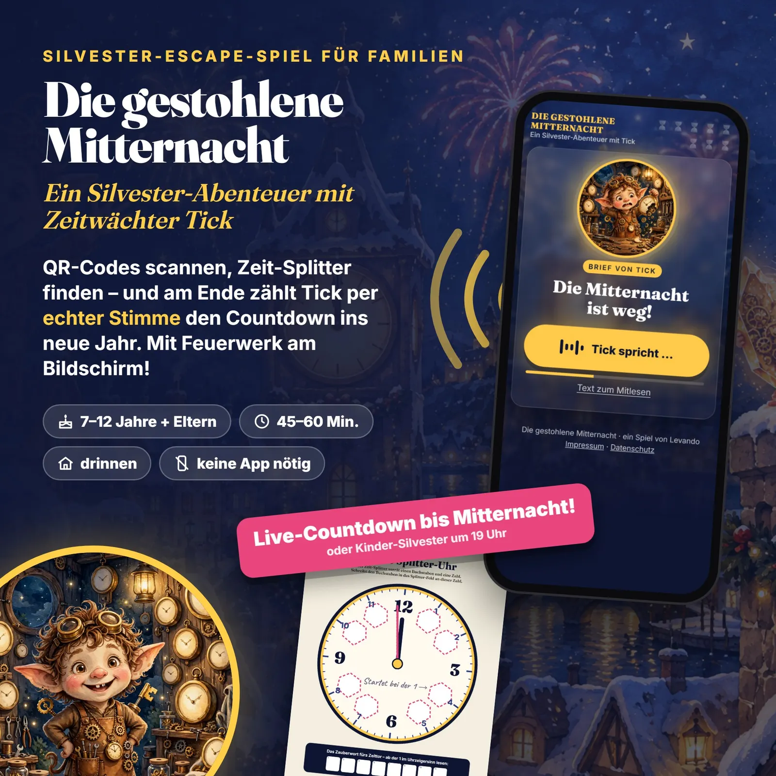 Silvester-Spiel für Kinder mit QR-Codes – Die gestohlene Mitternacht – Titelbild