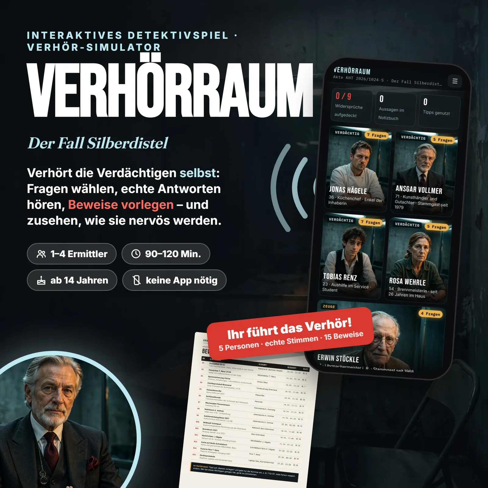Detektivspiel mit Verhör-Simulator – VERHÖRRAUM: Der Fall Silberdistel – Titelbild