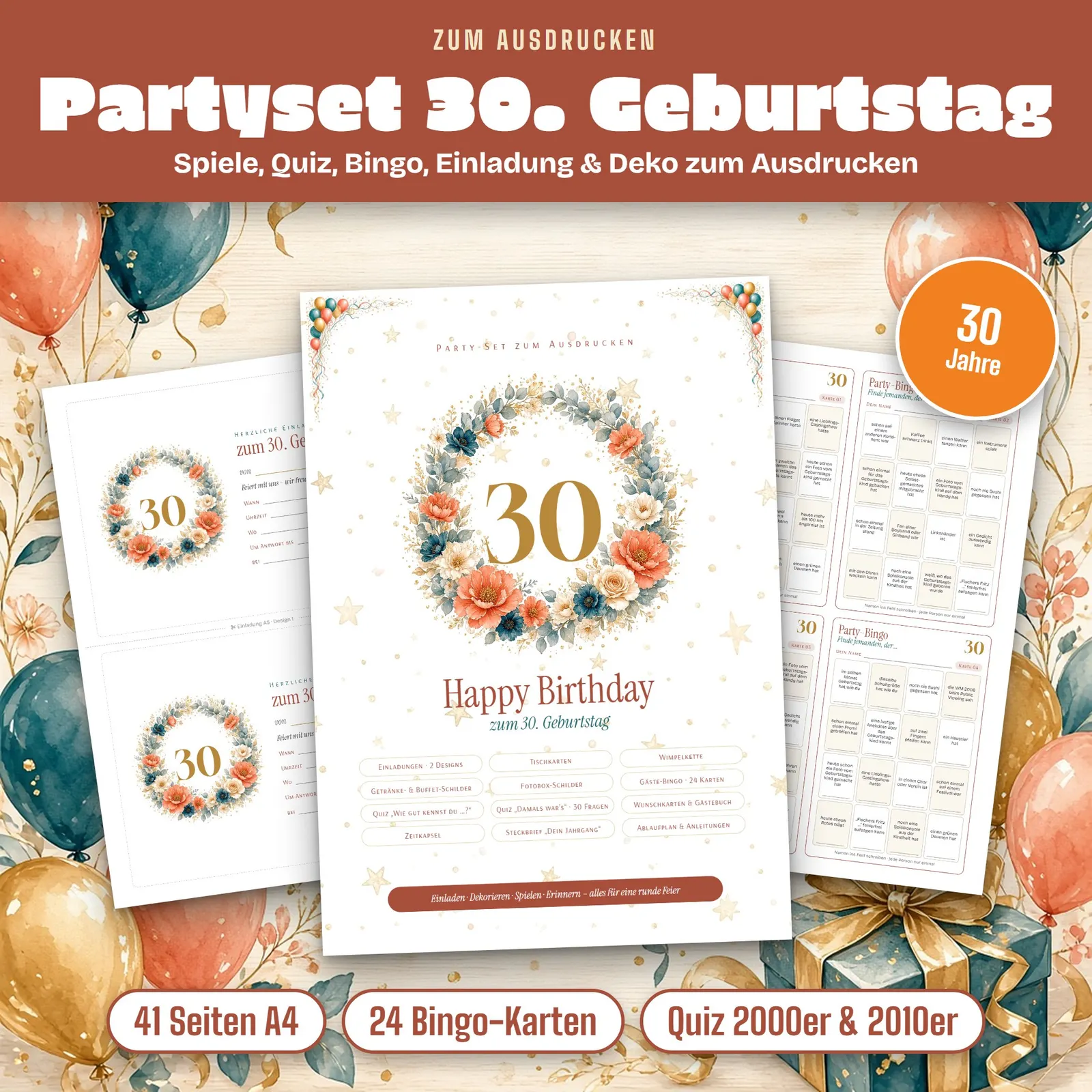 Partyset zum 30. Geburtstag – Spiele, Quiz und Deko zum Ausdrucken Partyset zum 30. Geburtstag – Spiele, Quiz und Deko zum Ausdrucken – Titelbild