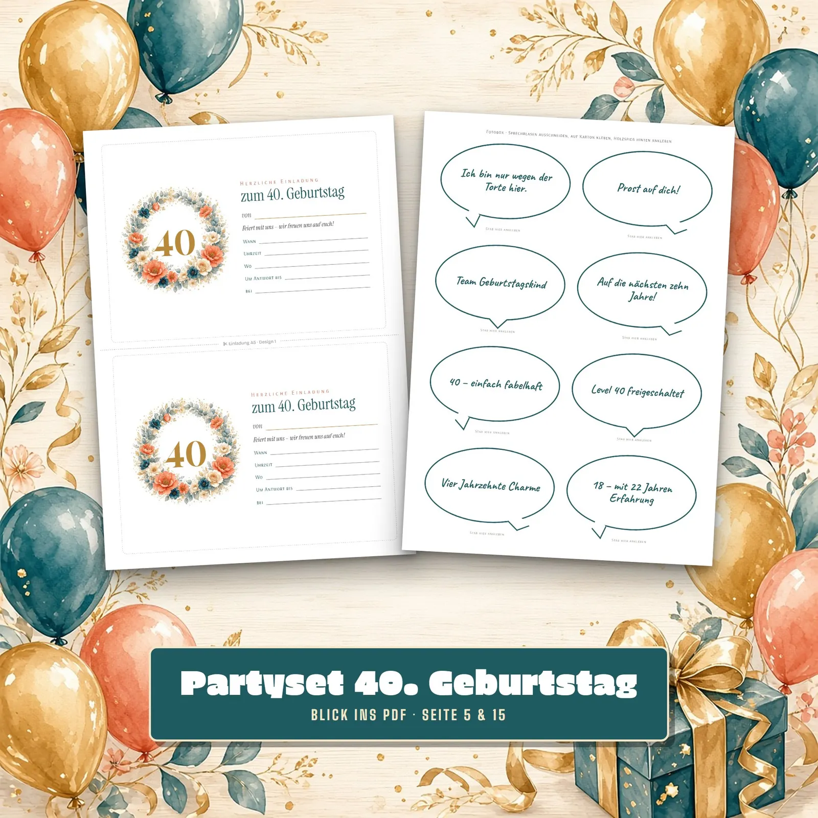 Partyset zum 40. Geburtstag – Spiele, Quiz und Deko zum Ausdrucken Partyset zum 40. Geburtstag – Spiele, Quiz und Deko zum Ausdrucken – Einblick 2