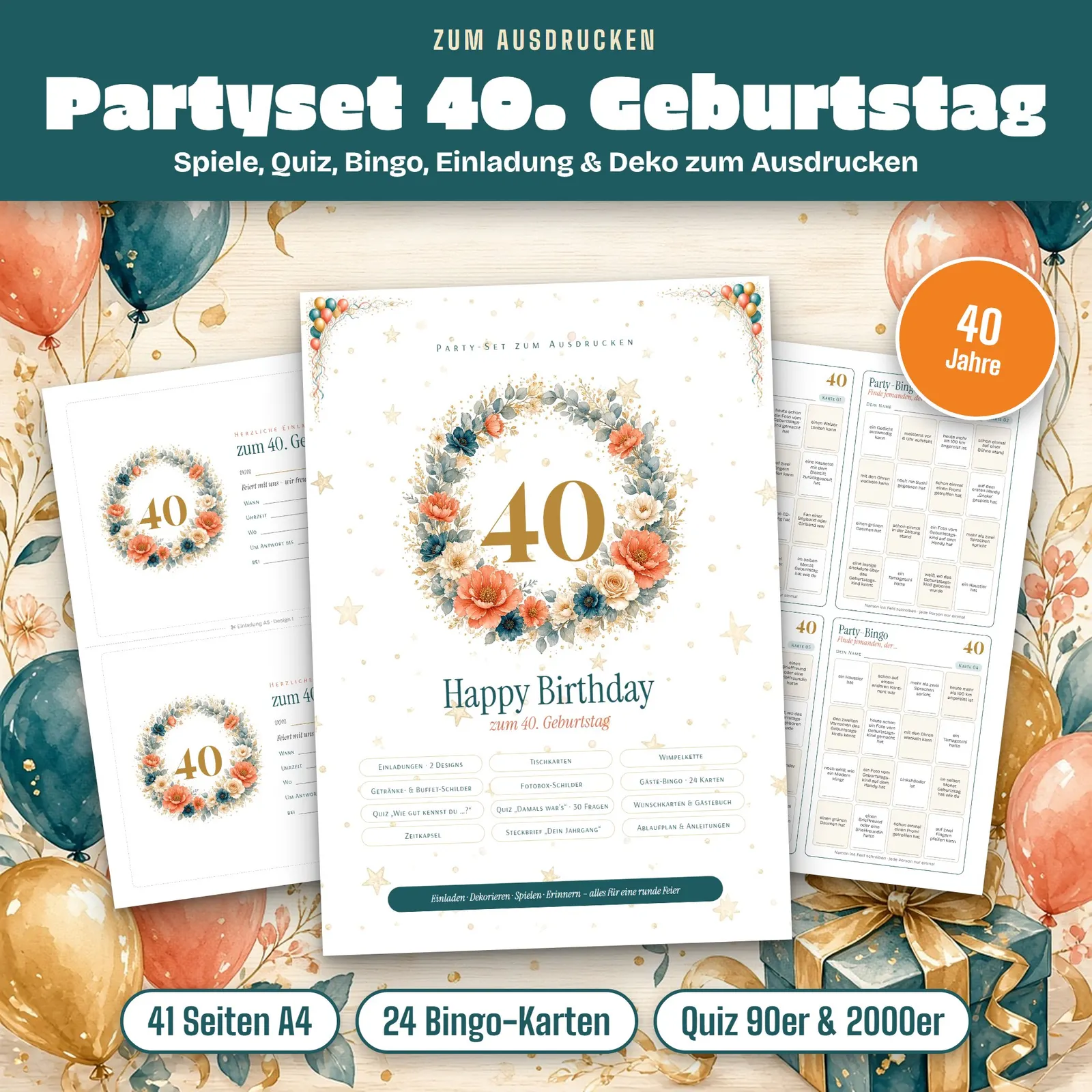 Partyset zum 40. Geburtstag – Spiele, Quiz und Deko zum Ausdrucken – Titelbild