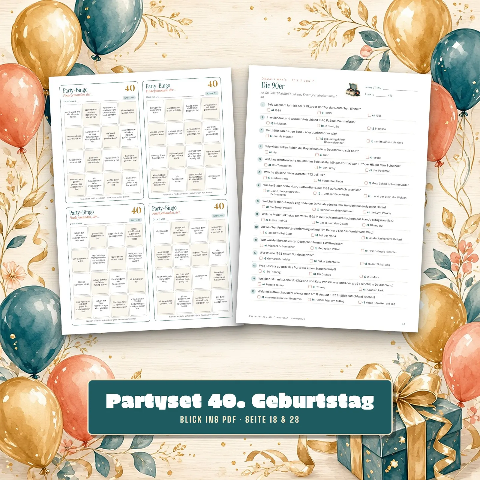 Partyset zum 40. Geburtstag – Spiele, Quiz und Deko zum Ausdrucken Partyset zum 40. Geburtstag – Spiele, Quiz und Deko zum Ausdrucken – Einblick 3