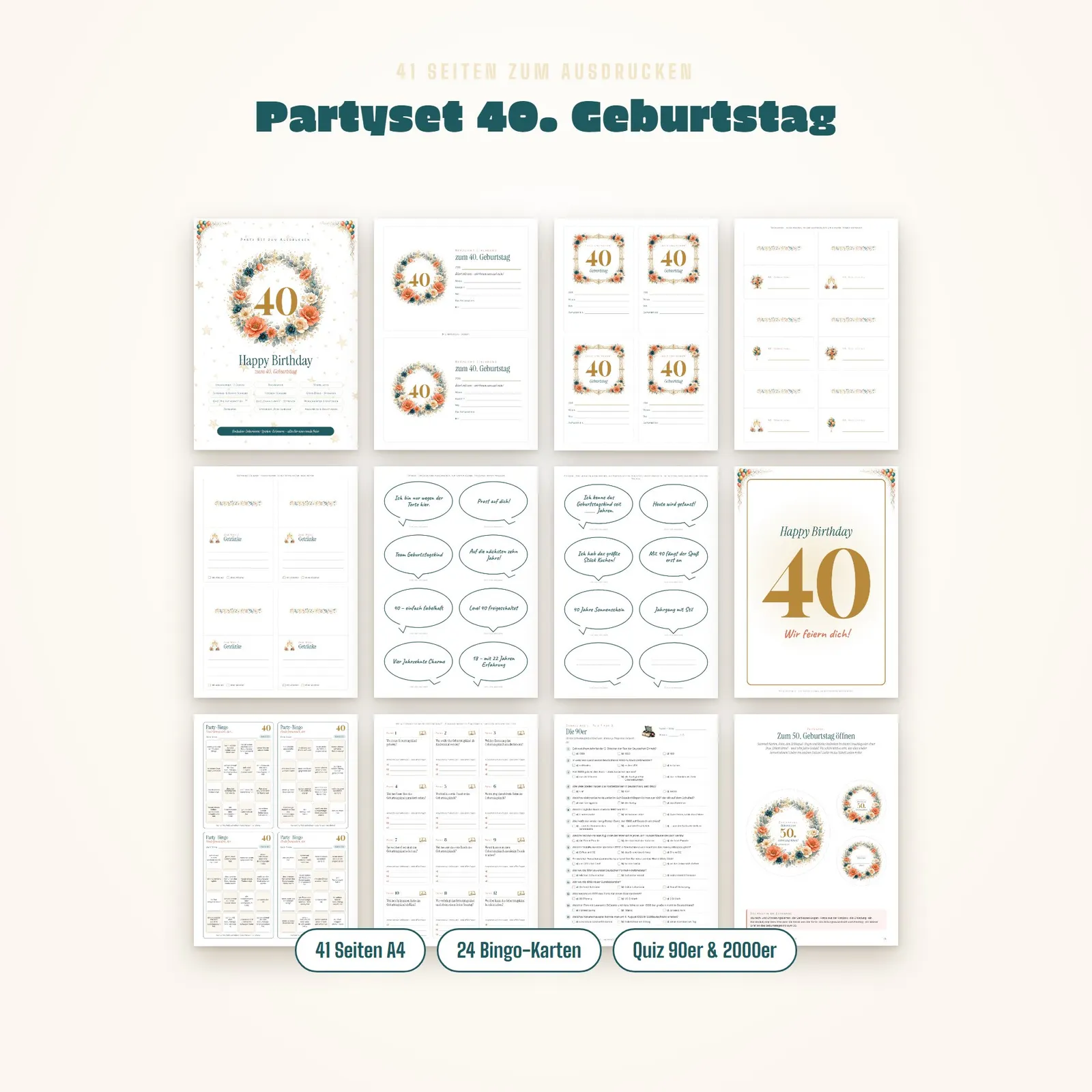 Partyset zum 40. Geburtstag – Spiele, Quiz und Deko zum Ausdrucken Partyset zum 40. Geburtstag – Spiele, Quiz und Deko zum Ausdrucken – Einblick 1