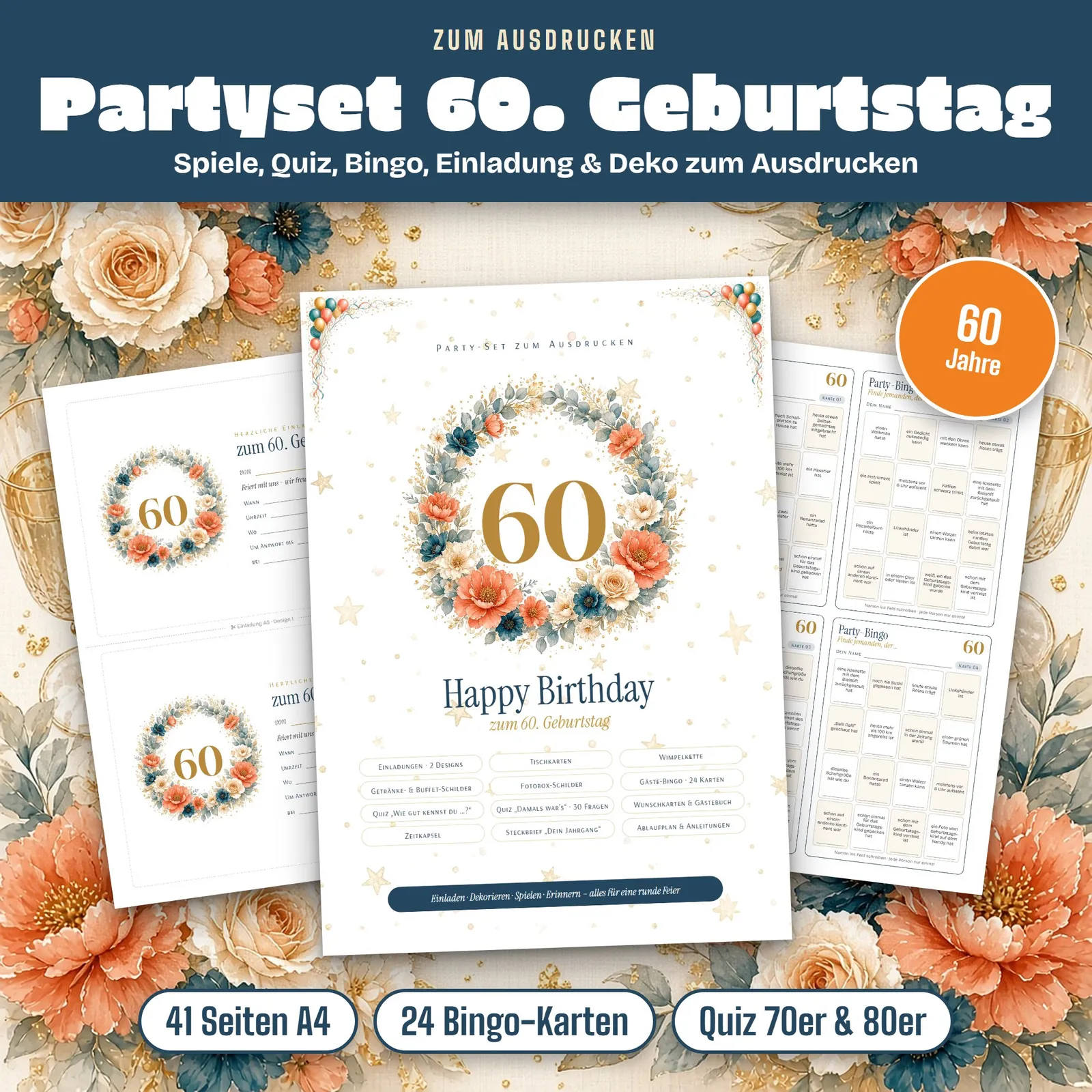 Partyset zum 60. Geburtstag – Spiele, Quiz und Deko zum Ausdrucken – Titelbild