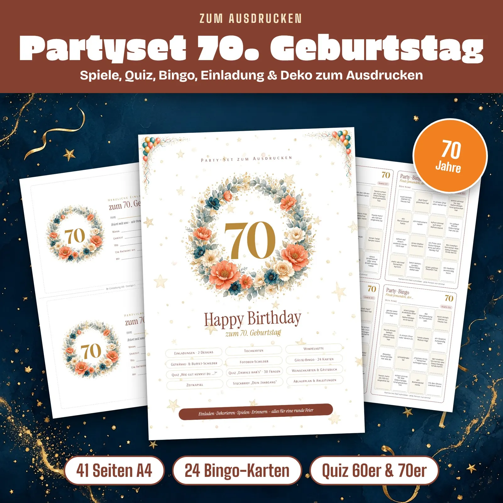 Partyset zum 70. Geburtstag – Spiele, Quiz und Deko zum Ausdrucken – Titelbild