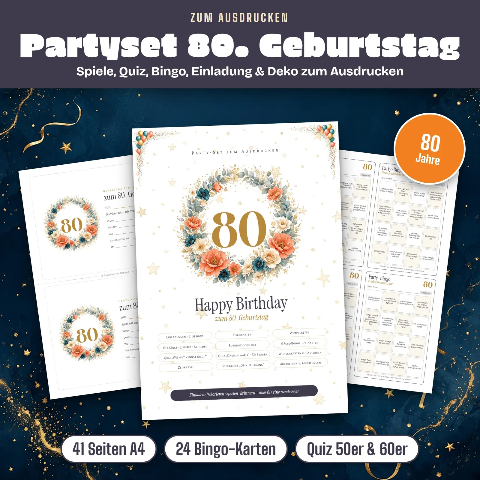 Partyset zum 80. Geburtstag – Spiele, Quiz und Deko zum Ausdrucken – Titelbild