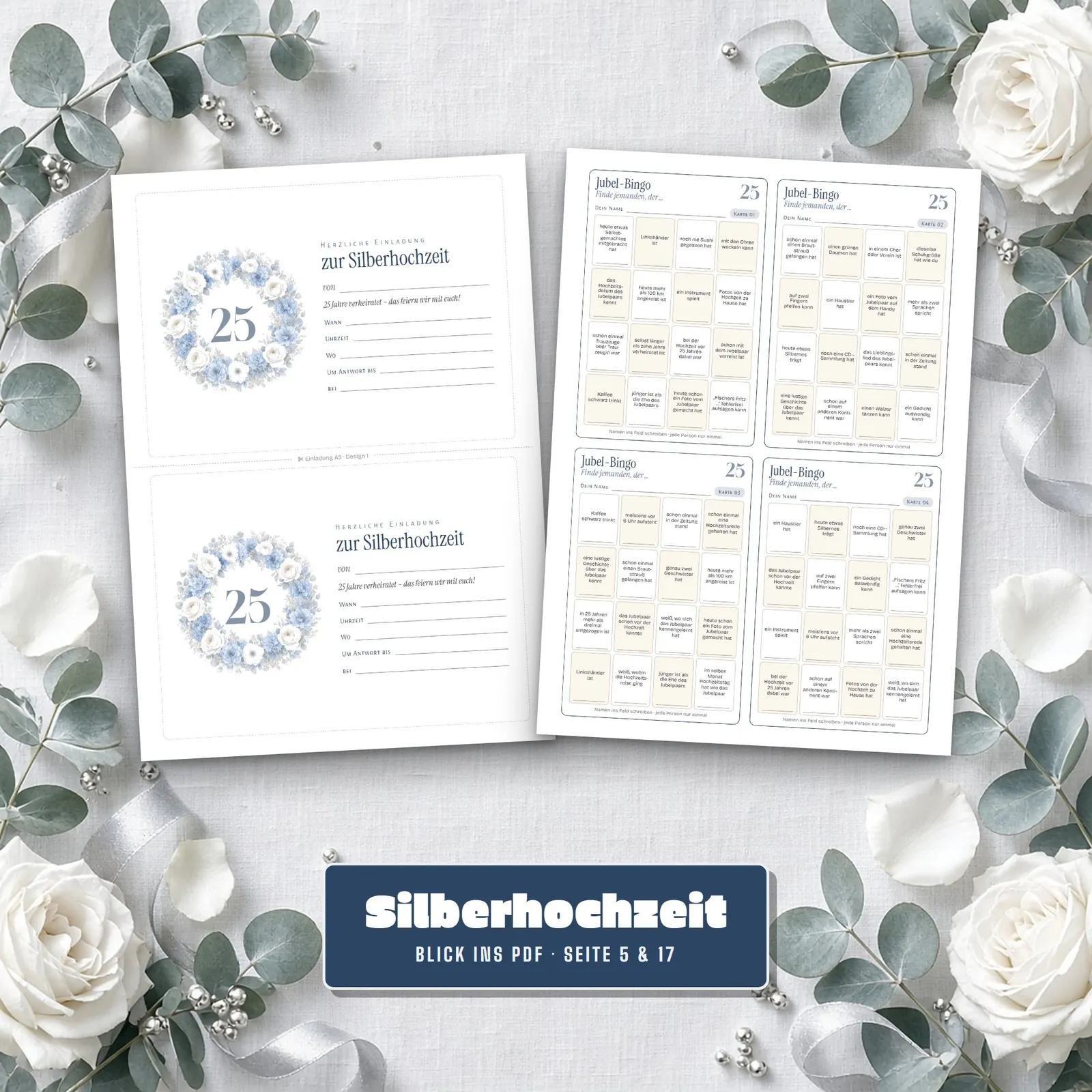 Partyset zur Silberhochzeit – Spiele, Quiz und Deko zum Ausdrucken – Einblick 2