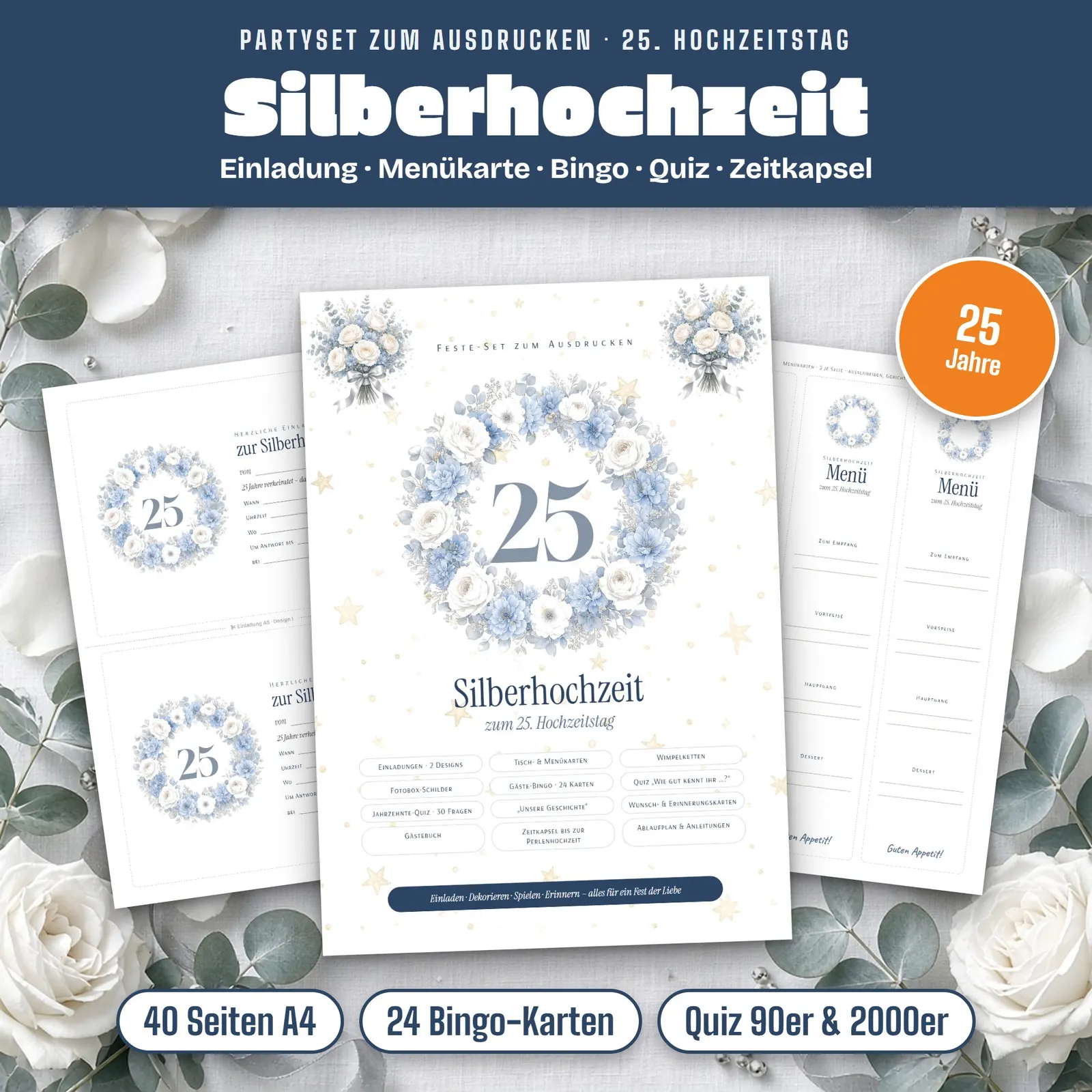Partyset zur Silberhochzeit – Spiele, Quiz und Deko zum Ausdrucken – Titelbild