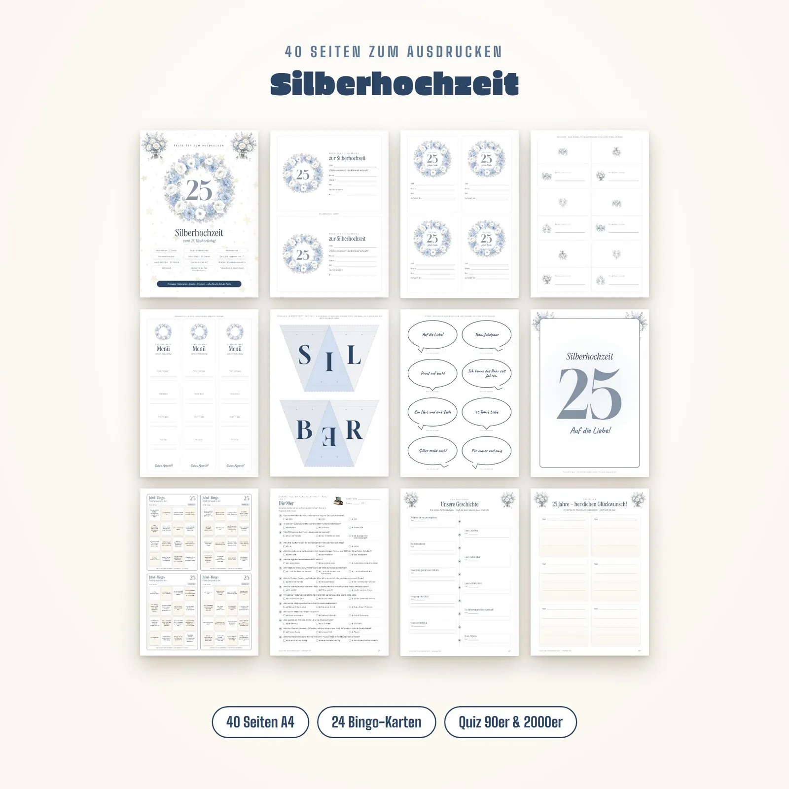 Partyset zur Silberhochzeit – Spiele, Quiz und Deko zum Ausdrucken – Einblick 1