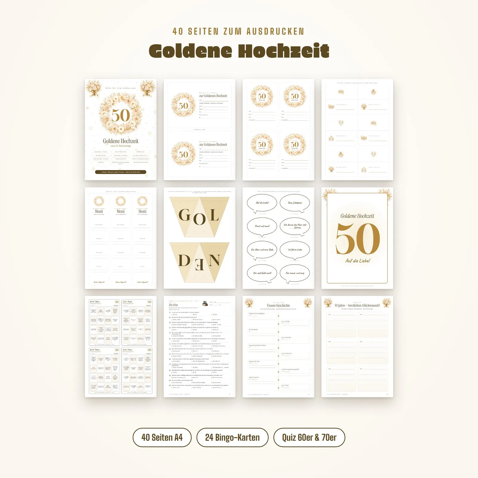 Partyset zur Goldenen Hochzeit – Spiele, Quiz und Deko zum Ausdrucken – Einblick 1