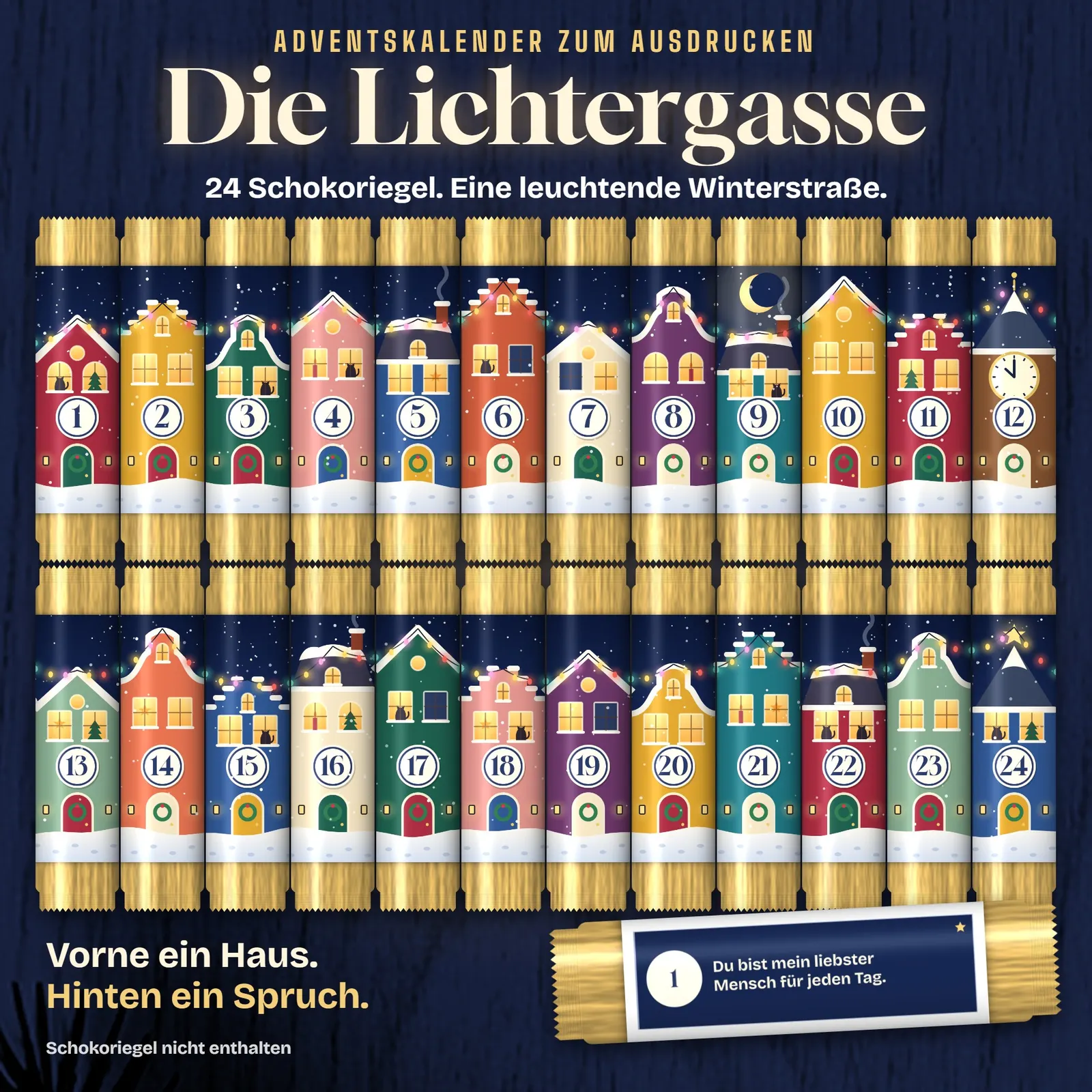 Schokoriegel-Adventskalender zum Ausdrucken – Die Lichtergasse – Titelbild