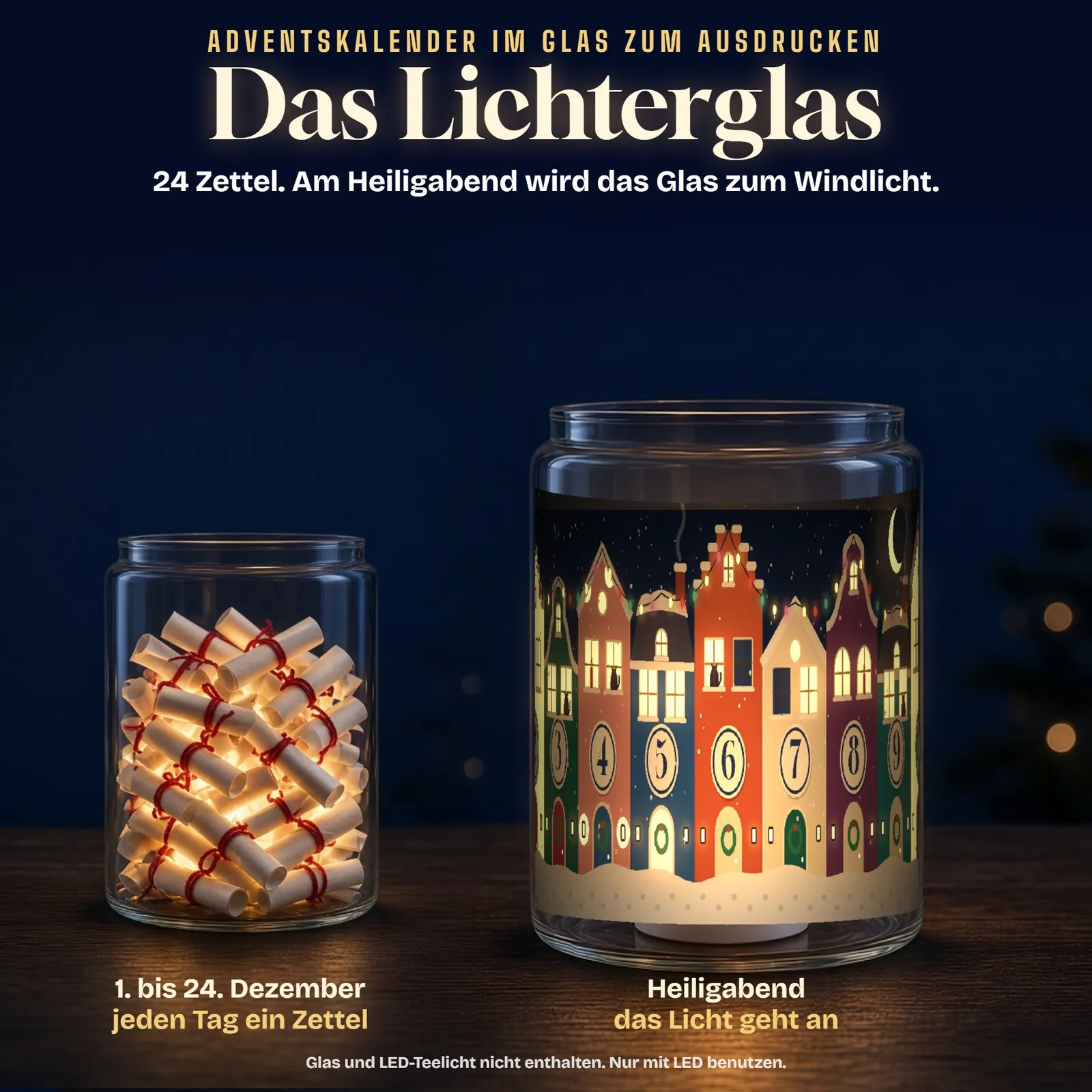 Adventskalender im Glas zum Ausdrucken – Das Lichterglas – Titelbild
