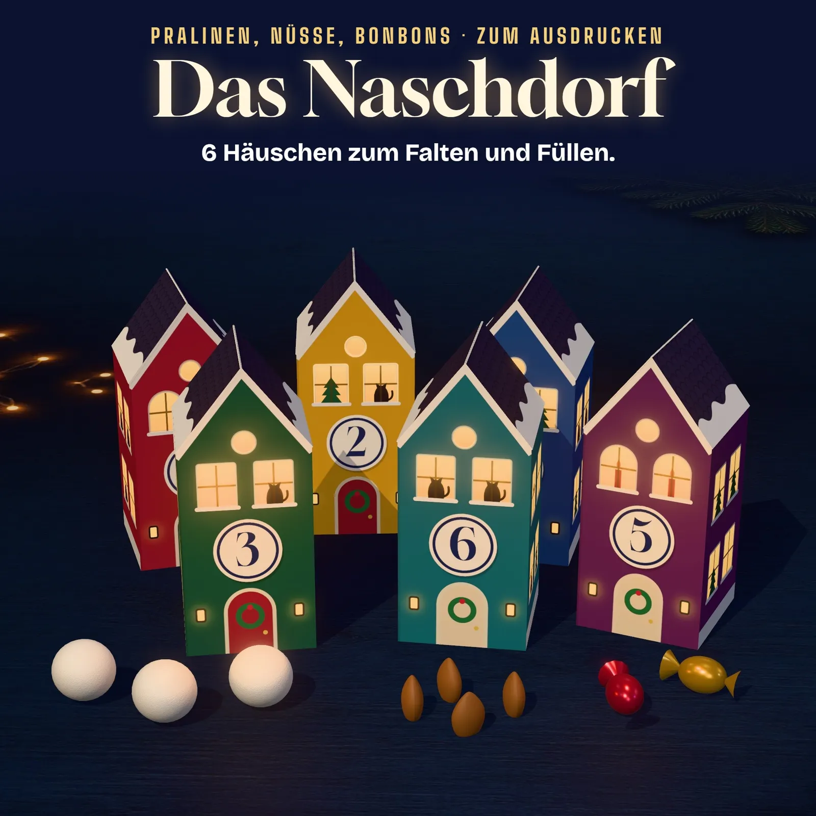 Geschenkschachtel-Häuschen zum Ausdrucken – Das Naschdorf – Titelbild